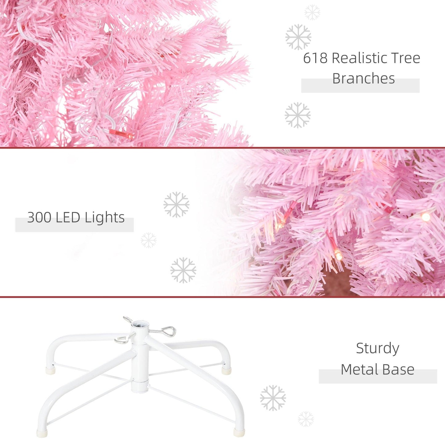 HOMCOM Pencil Slim Pink Christmas Tree with 300 LED Lights - ALL4U RETAILER LTD