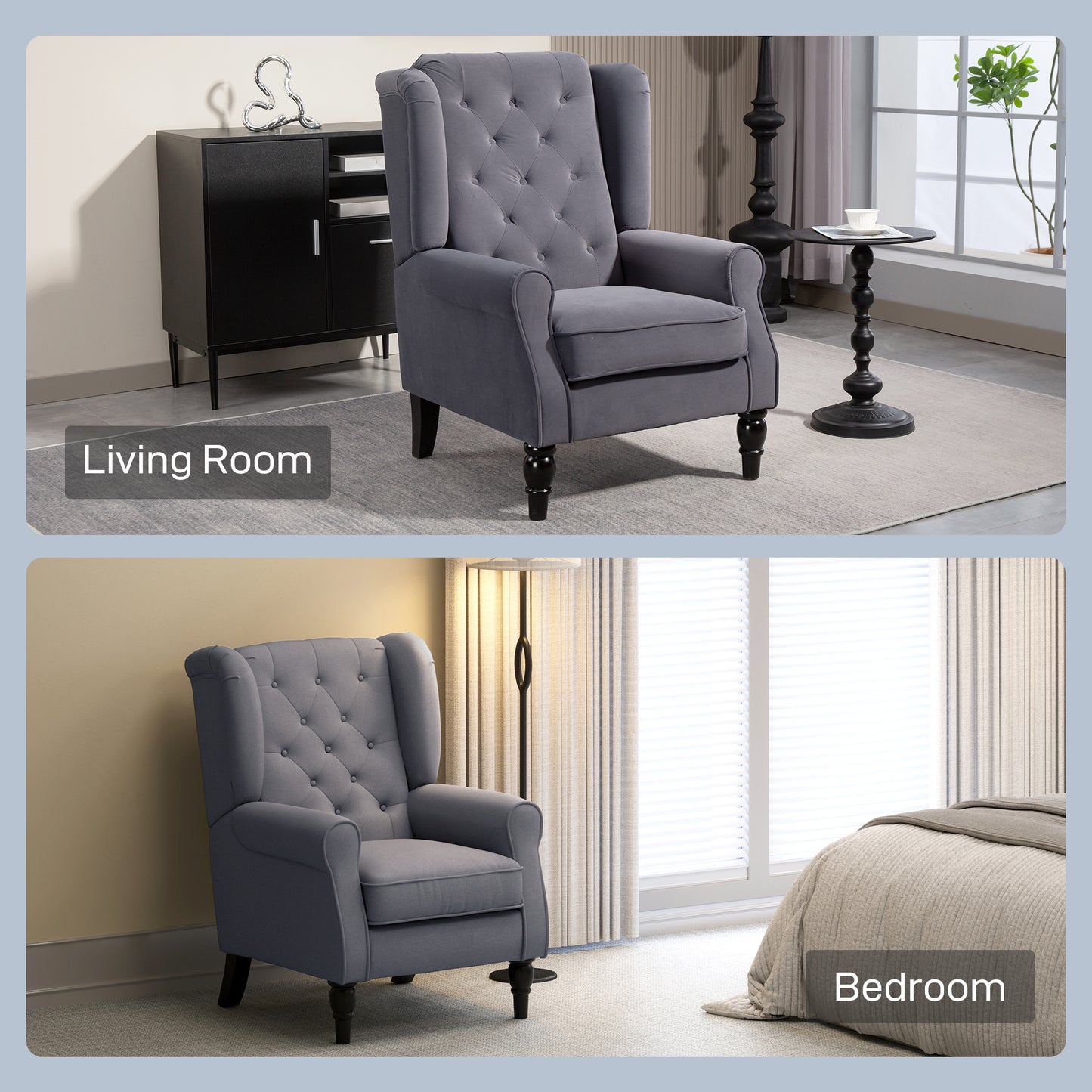 HOMCOM Wingback Accent Chair Retro Upholstered Tufted Armchair for Living Room and Bedroom Charcoal Grey