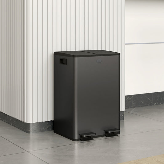 HOMCOM 56L Dual Compartment Stainless Steel Bin With Deodoriser Holders And Pedal Lid Black