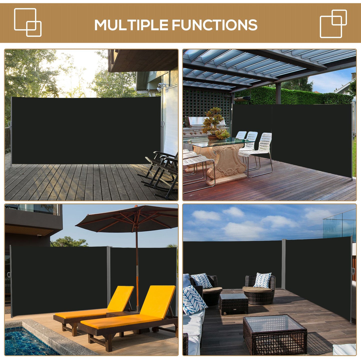 Outsunny Retractable Outdoor Privacy Awning Screen - 3x2m Black Garden Divider - ALL4U RETAILER LTD