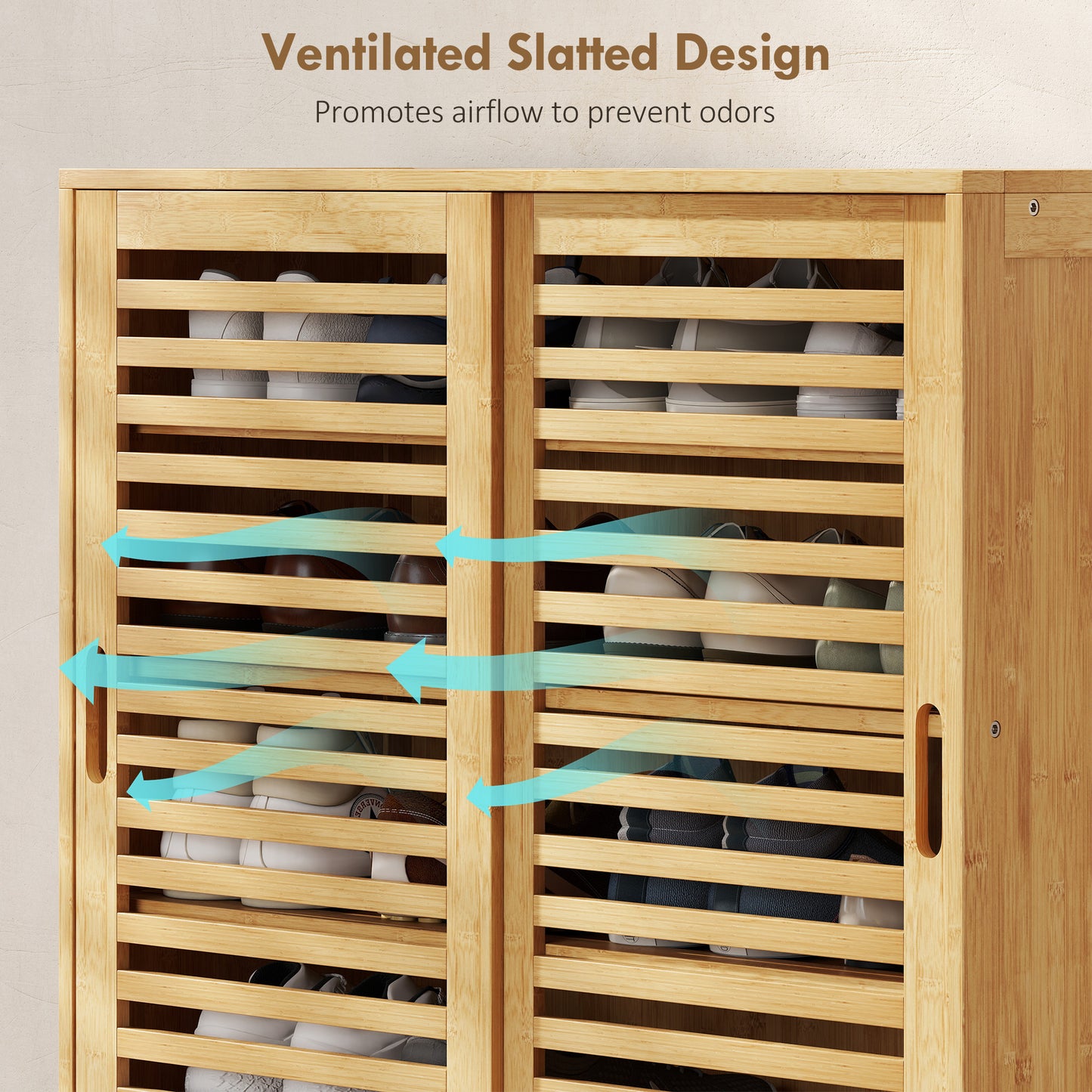 Homcom Bamboo Shoe Cabinet With Two Sliding Slat Doors And Adjustable Shelves For 16 Pairs Natural Finish
