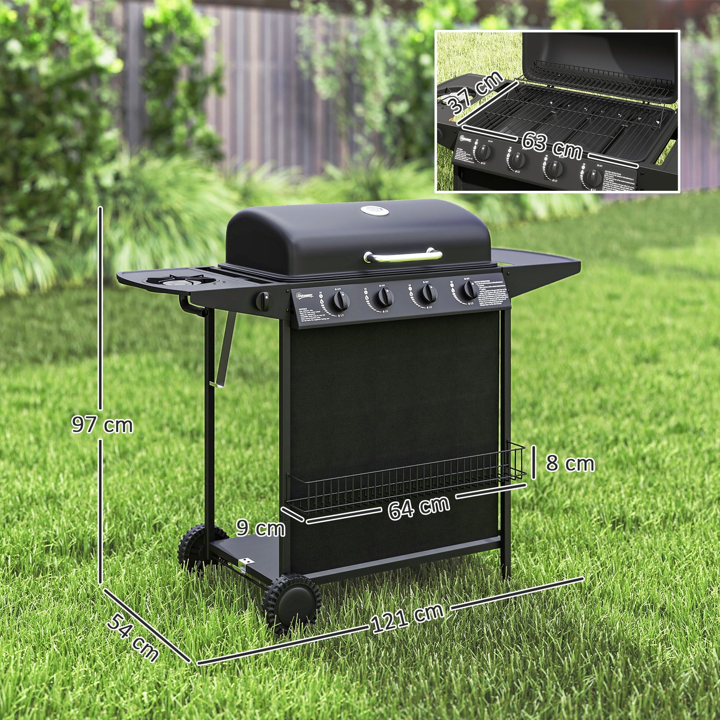 Outsunny Portable Gas BBQ Grill With Built In Thermometer Lid Side Table Shelf Spice Rack Wheels Grease Cup Black
