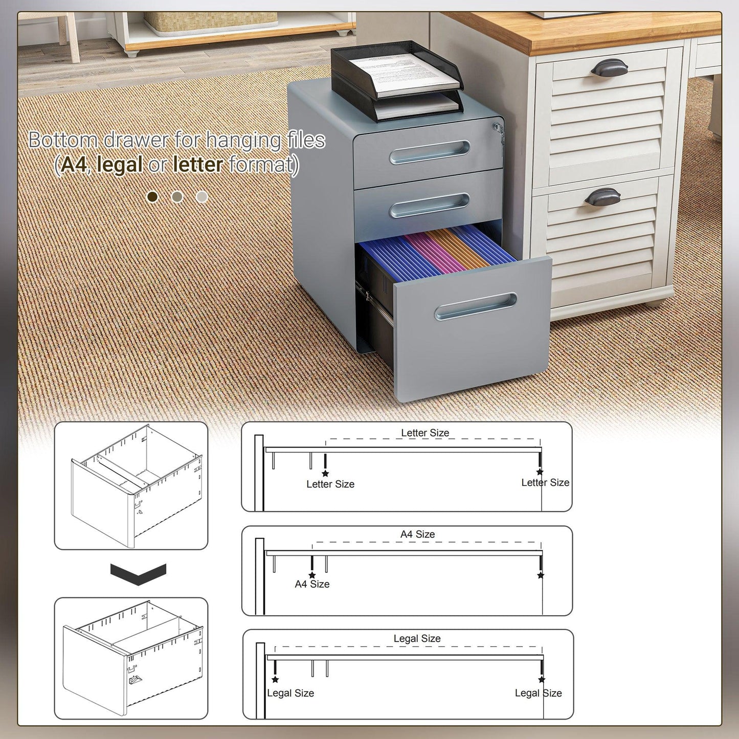 Vinsetto 3 Drawer Modern Steel Filing Cabinet w/ 4 Wheels Lock Pencil Box Grey - ALL4U RETAILER LTD