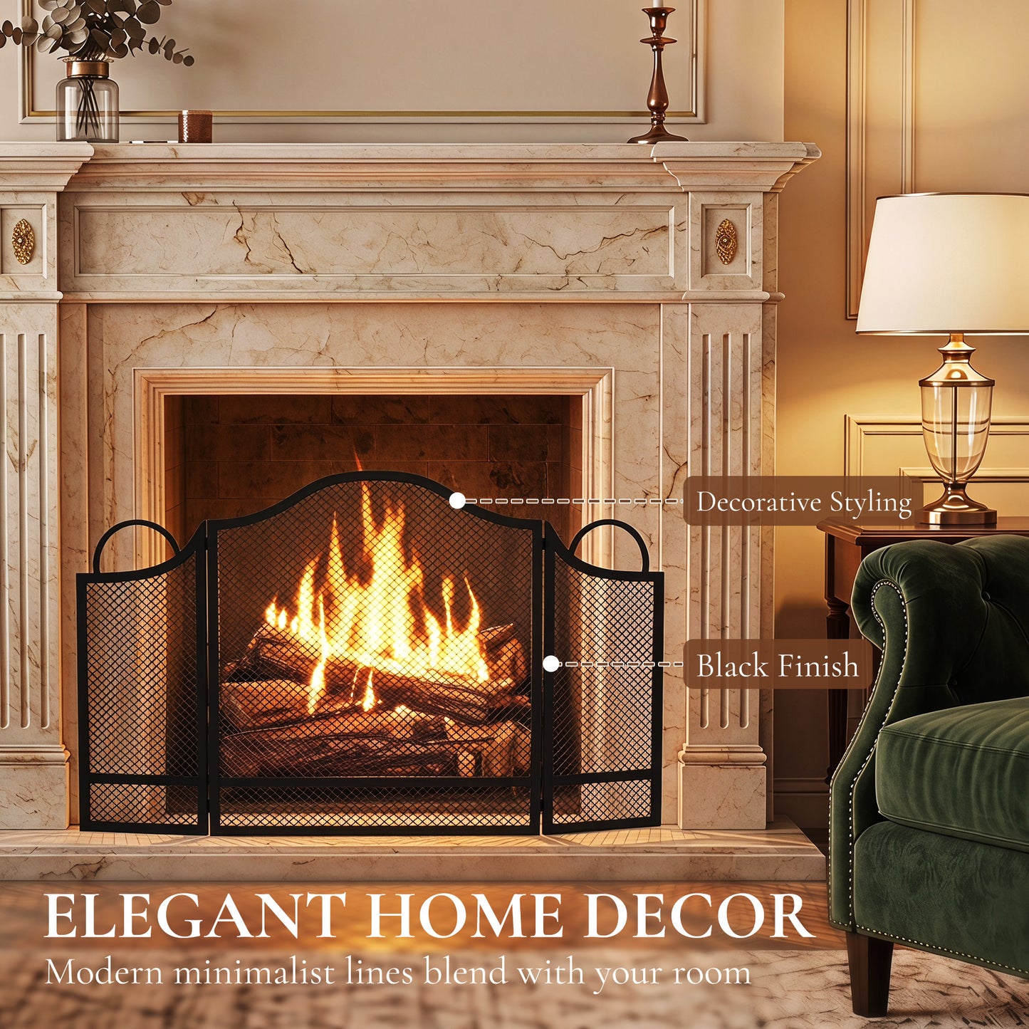 HOMCOM Floral Folding Fireplace Screen Heat Resistant Black