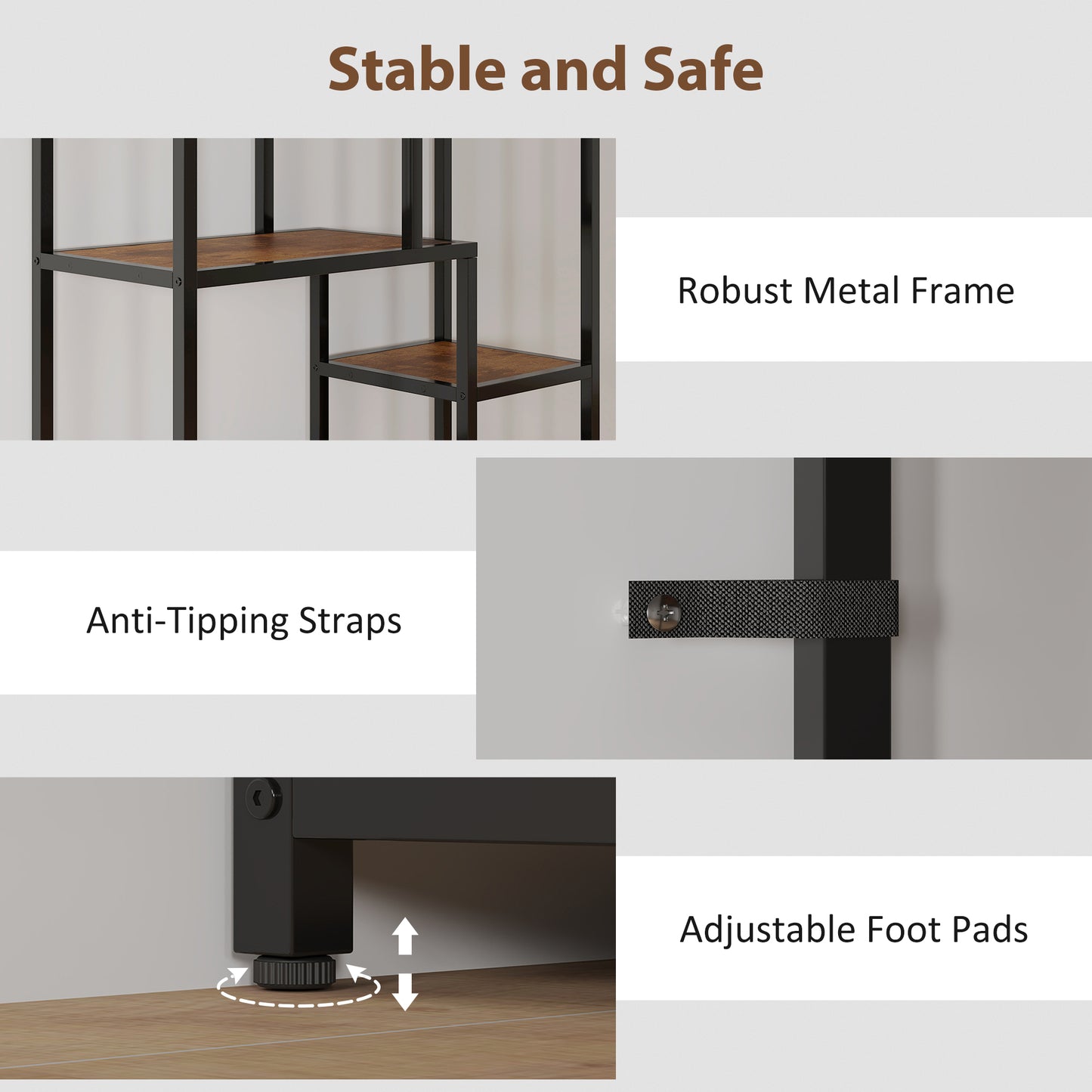 HOMCOM Seven Tier Geometric Bookcase Brown And Black Metal Frame Shelving Unit For Display