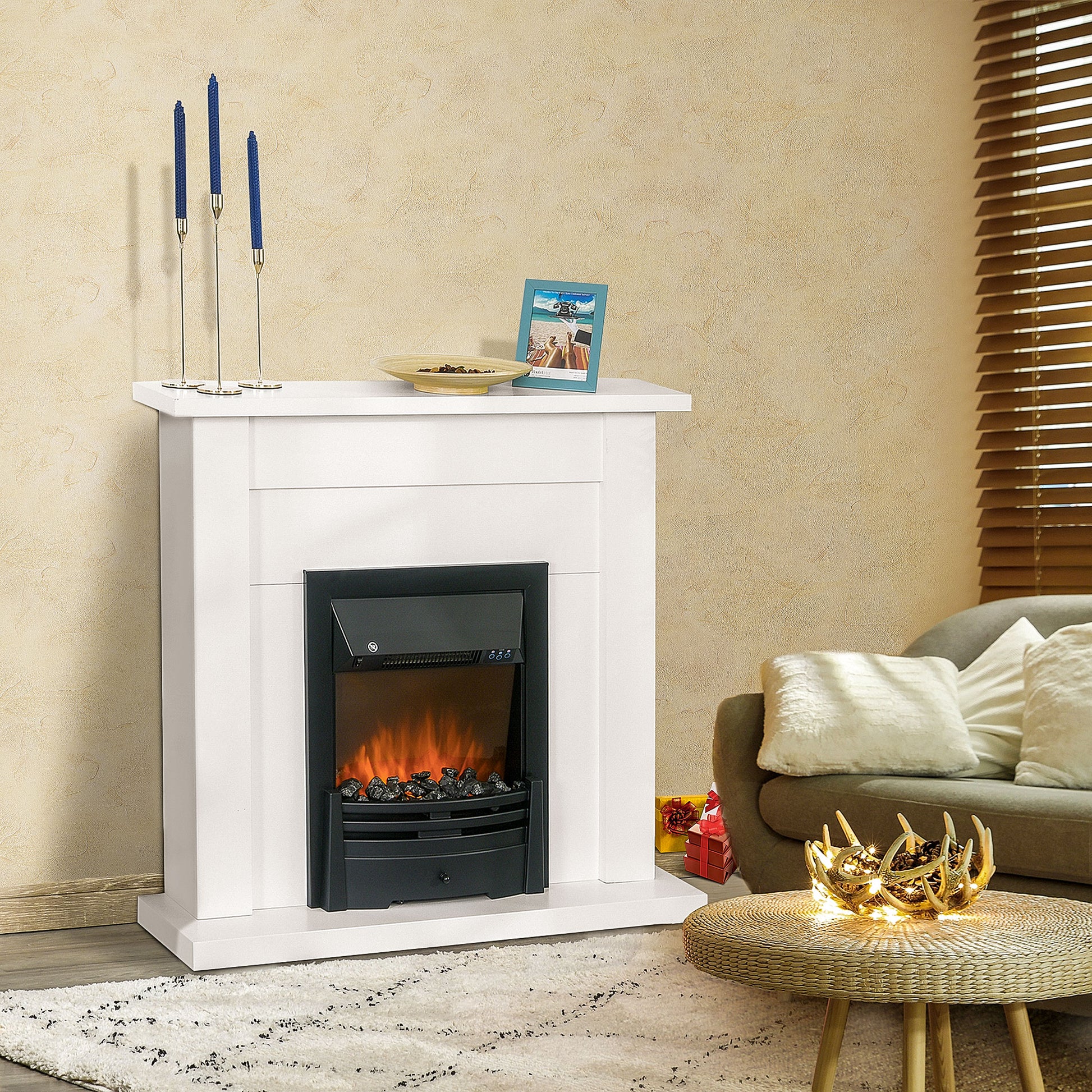 HOMCOM Modern Electric Fireplace with White Mantel & Remote Control – Intelligent Temperature Control and LED Flame Effect - ALL4U RETAILER LTD