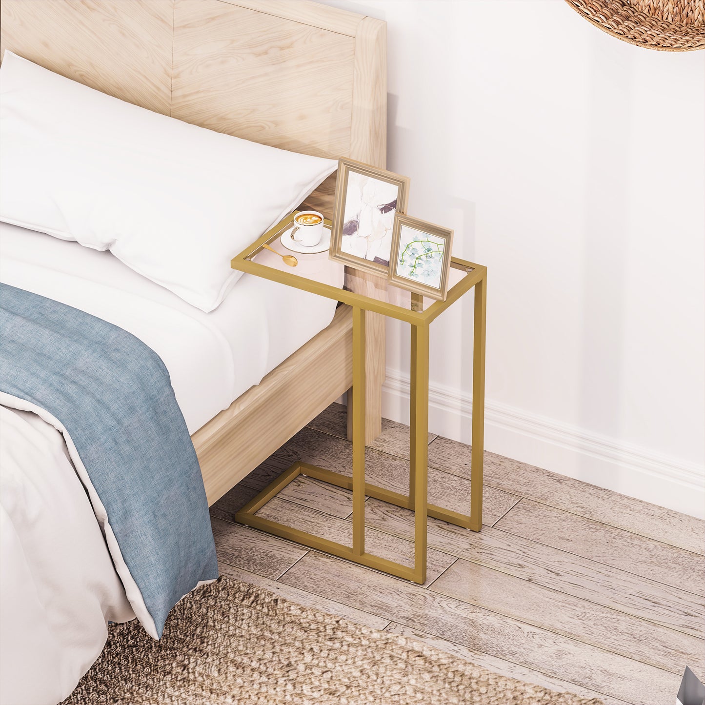 HOMCOM C Shaped Side Table With Tempered Glass Top Slim Gold Tone End Table For Small Spaces