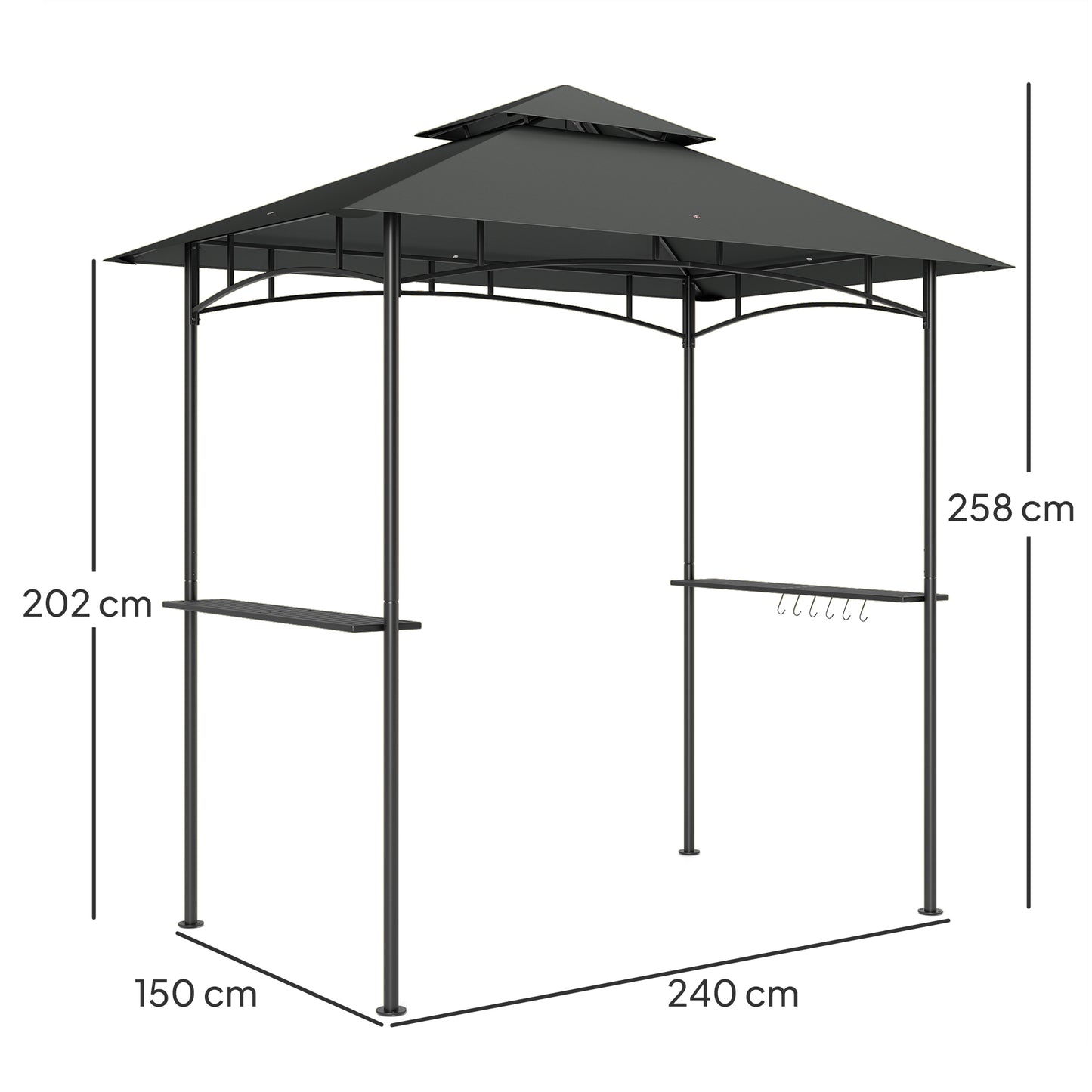 Outsunny 8 By 5 Ft Grill Gazebo With Double Tier Canopy LED Lights 2 Side Shelves And Hooks Dark Grey