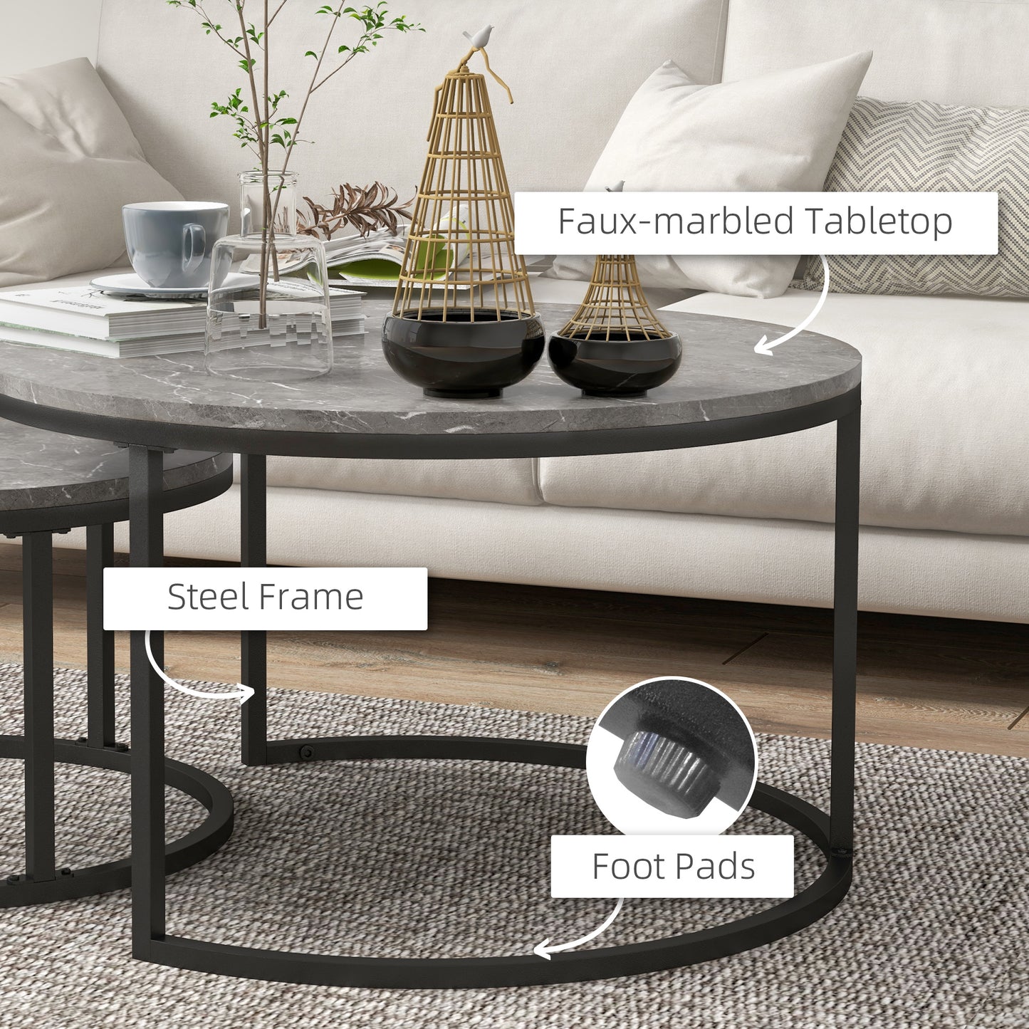 HOMCOM Set of 2 Round Industrial Nesting Coffee Tables with Faux Marble Tops and Sturdy Steel Frames - ALL4U RETAILER LTD