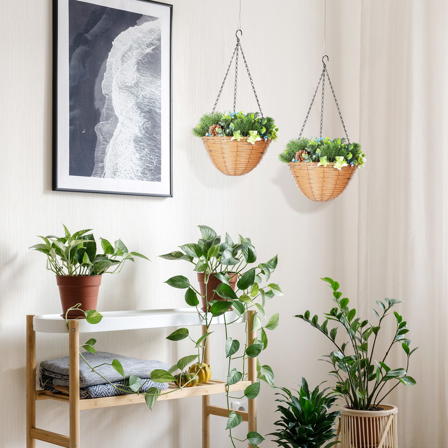 HOMCOM Pack of 2 Faux Lisianthus Flowers Hanging Planters with Basket PE Leaves 18 Flowers and 3 Pinecones