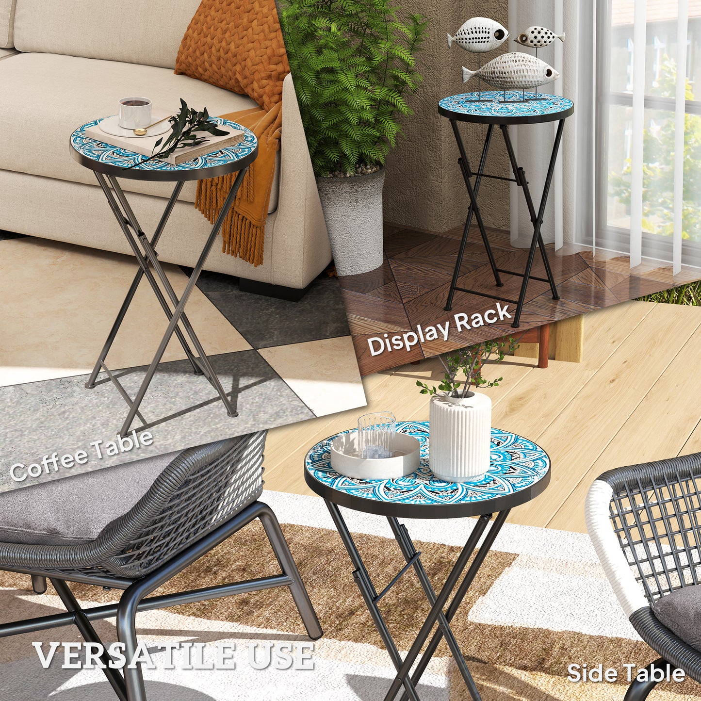 Outsunny Mosaic Outdoor Garden Table 35.5cm Round Folding Coffee Table With Metal Frame Blue For Balcony Terrace