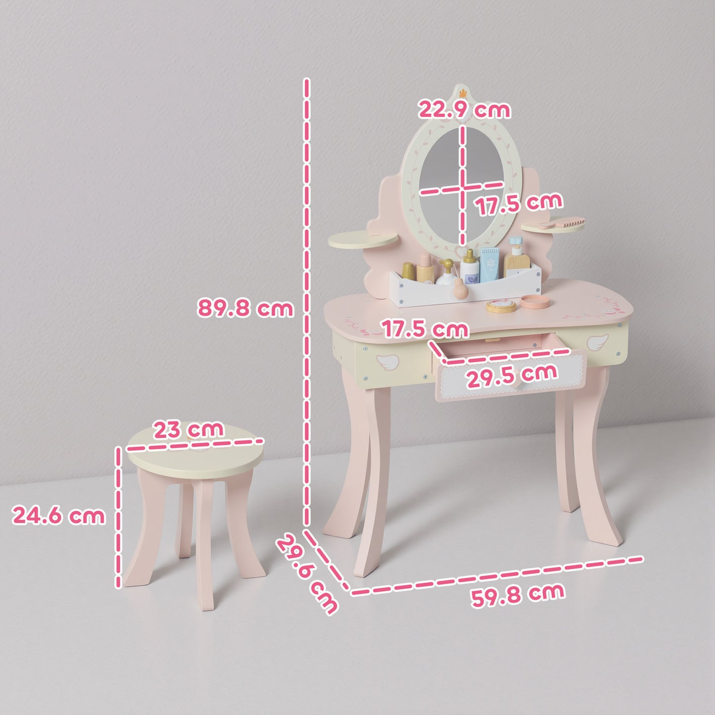 AIYAPLAY Kids Dressing Table Vanity Set With Mirror And Stool Pink Girls Desk With 7 Accessories And Storage