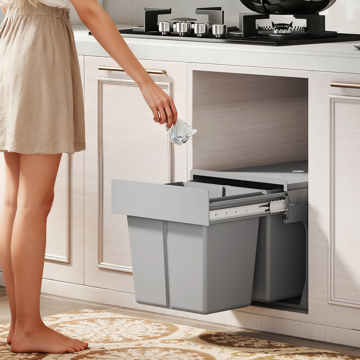 HOMCOM Under Sink Pull Out Bin With Dual 15L Compartments For 400mm Cabinets Light Grey Soft Close