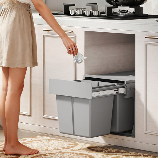 HOMCOM Under Sink Pull Out Bin With Dual 15L Compartments For 400mm Cabinets Light Grey Soft Close