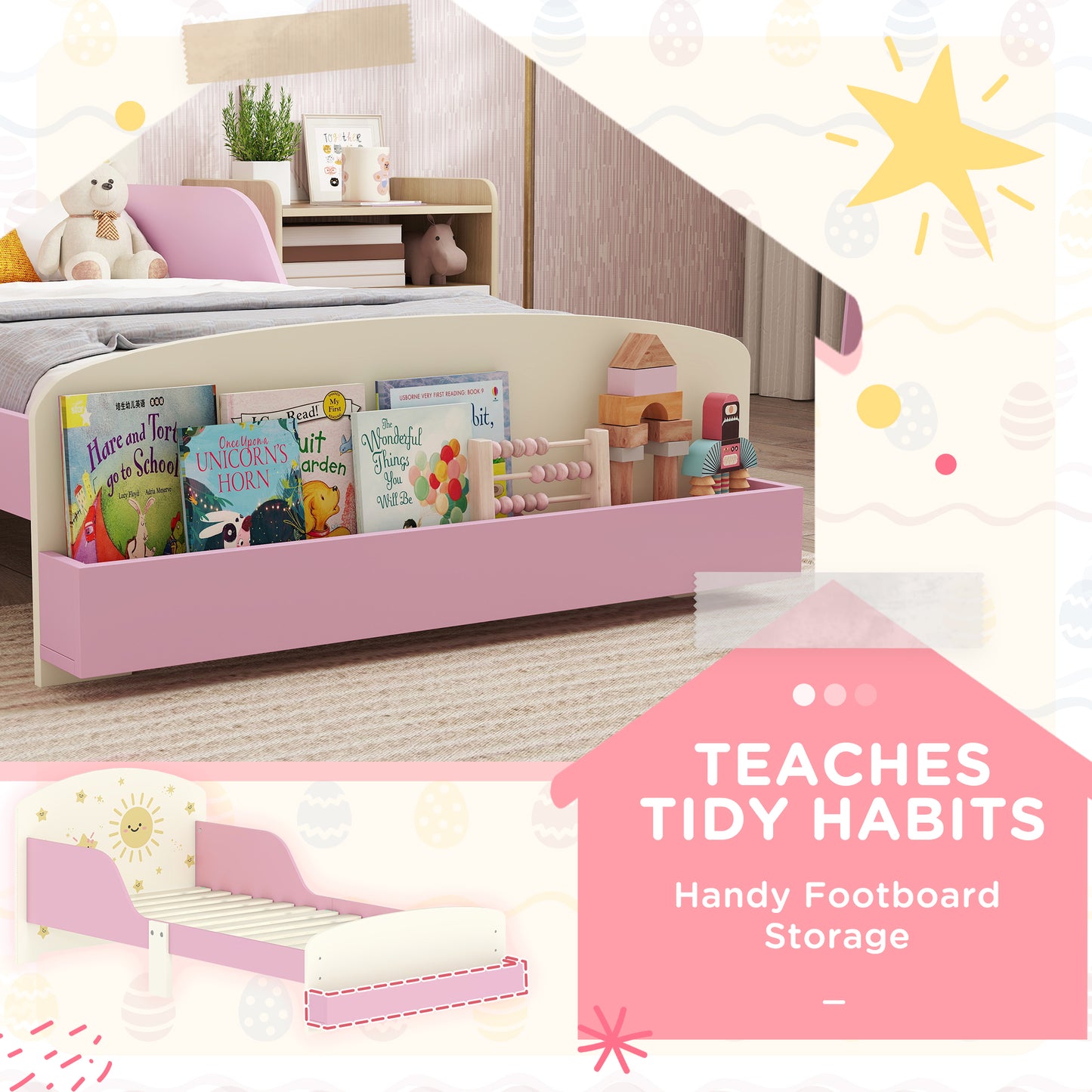 AIYAPLAY Toddler Bed With Storage And Guardrails Sun Design Fits 140 x 70cm Mattress For Ages 3-8