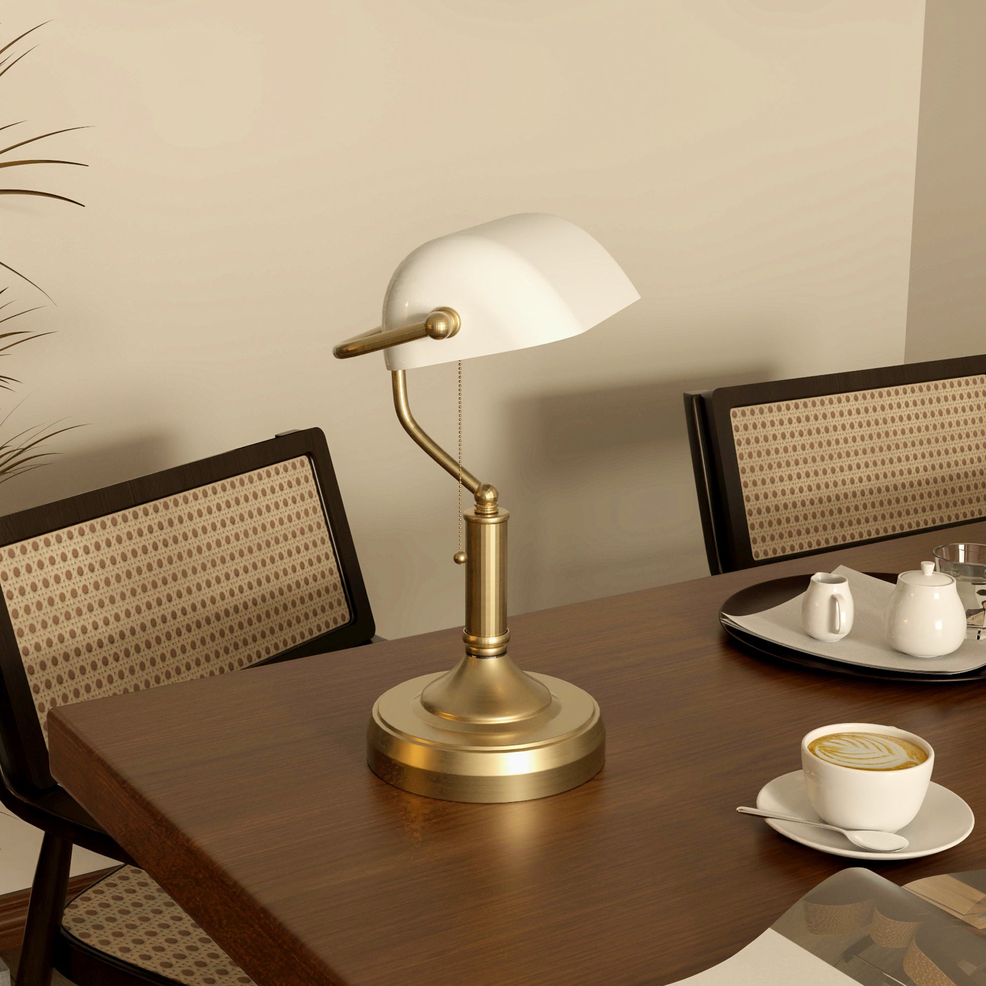 HOMCOM Vintage-Inspired Antique Bronze Banker’s Desk Lamp with White Glass Shade for Home Office - ALL4U RETAILER LTD