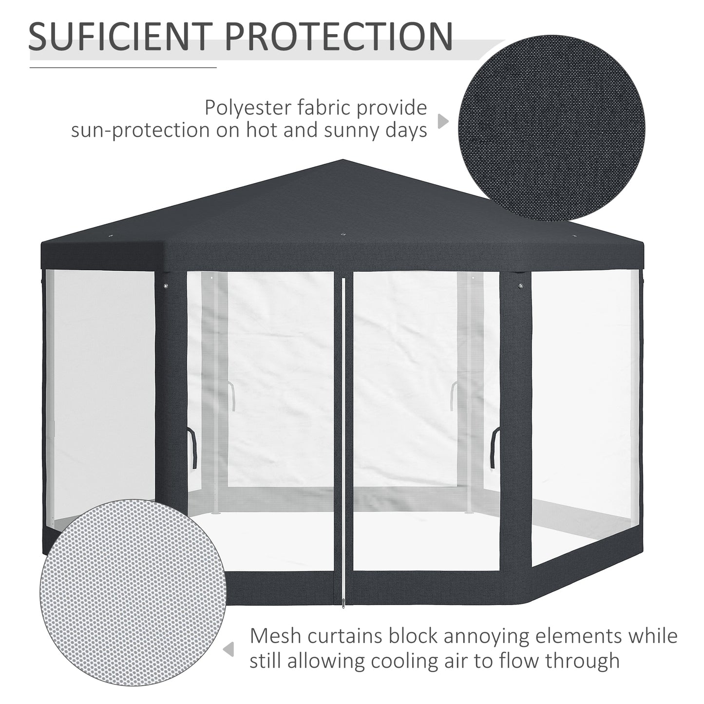 Outsunny 4M Hexagon Gazebo, Netting Party Tent, Patio Canopy Outdoor Event Shelter, Shade Resistant, Dark Grey
