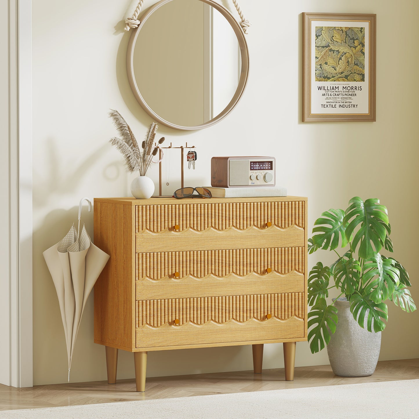HOMCOM Dresser For Bedroom Three Drawer Chest With Steel Frame Oak Finish Perfect For Living Room Storage