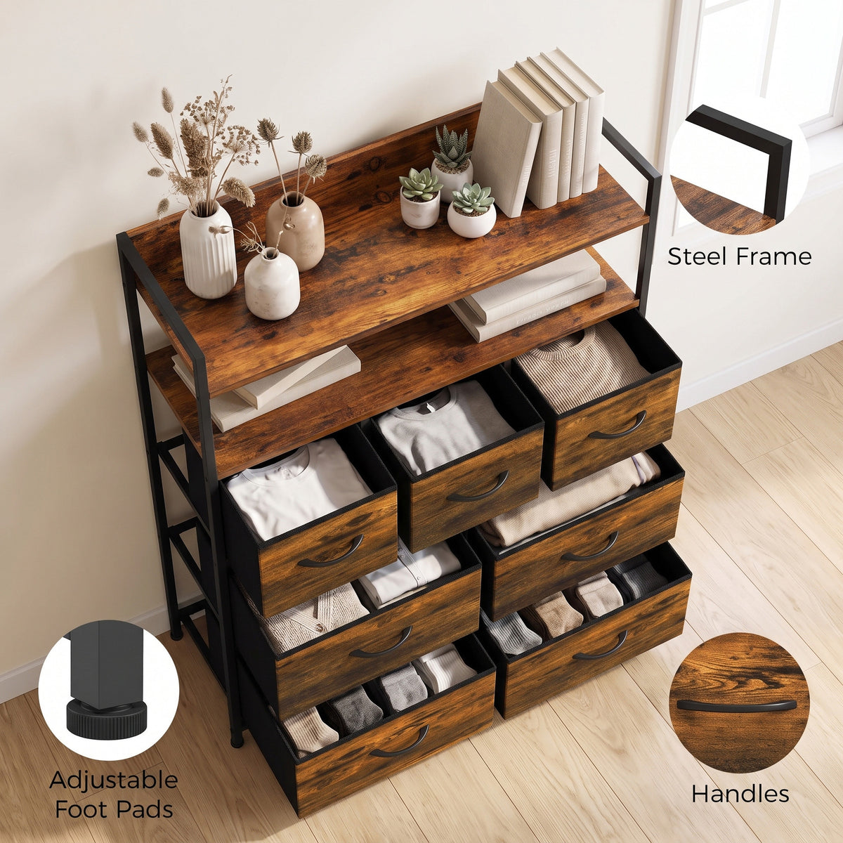 Rustic brown dresser with adjustable foot pads, handles, and open storage shelves