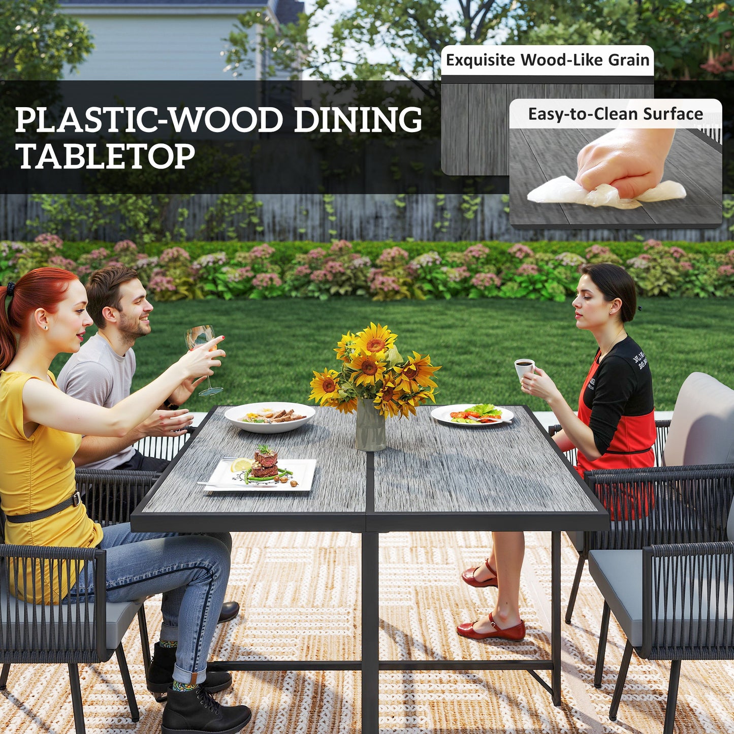 Outsunny 5 Piece Garden Dining Set With Wood Plastic Table And Four Armchairs In Light Grey