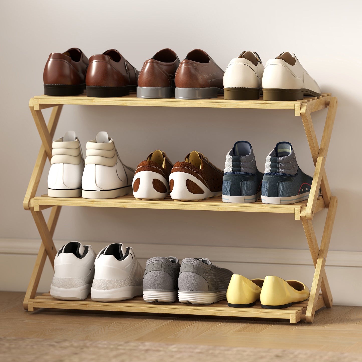 HOMCOM Three Tier Folding Bamboo Shoe Rack Natural Finish Holds Up To Nine Pairs Of Shoes And Boots