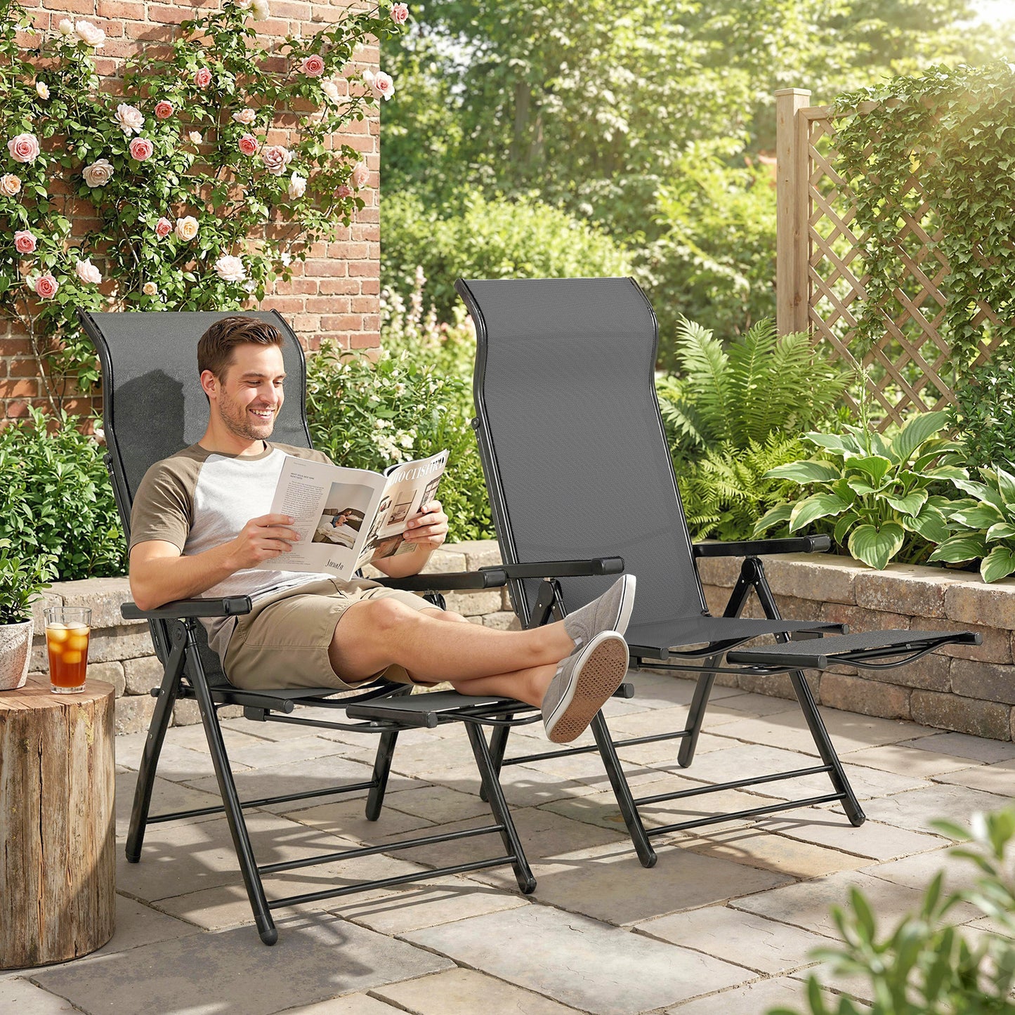 Outsunny Reclining Garden Chairs 2 Pack 5 Position Folding Sun Loungers With High Back Retractable Footrest Dark Grey