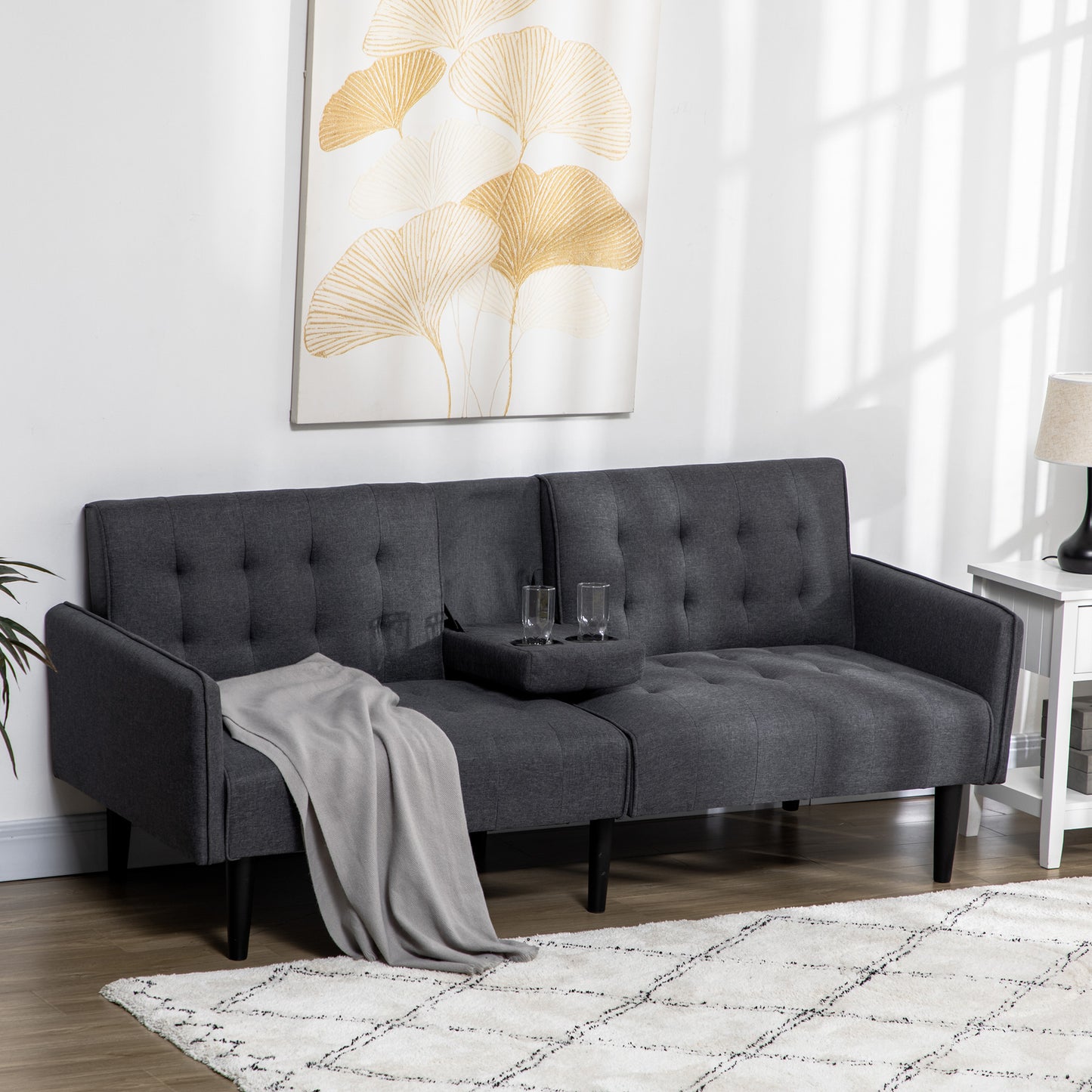 Homcom Three Seater Sofa Bed With Cupholders Grey Space Saving Convertible Couch For Small Apartments And Guests