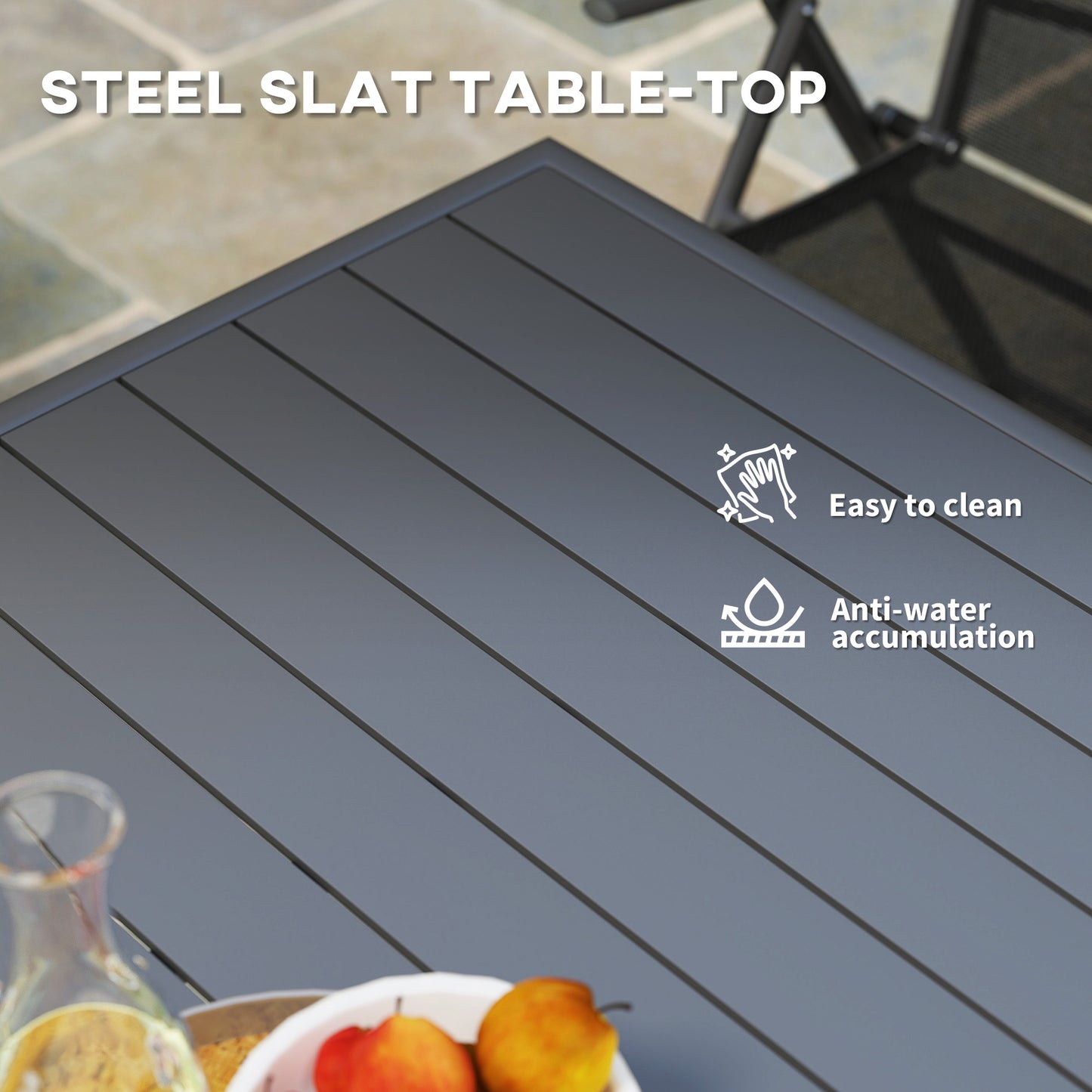 Outsunny Square Garden Table With Slat Top And Steel Frame For Four People 80 x 80 x 74 cm Grey