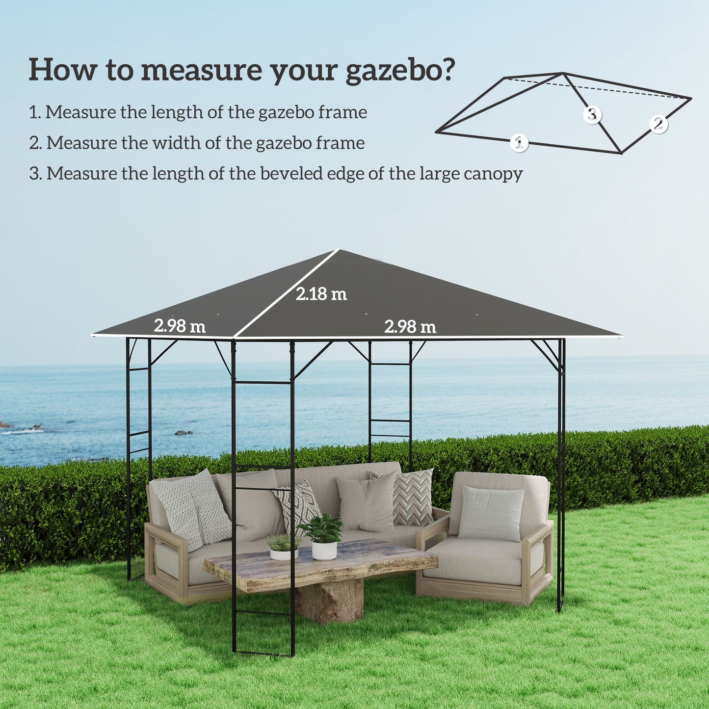Outsunny 3 x 3m Gazebo Canopy Replacement Top Cover Only Grey With Drain Holes Water Resistant PVC Coating UPF30 Plus