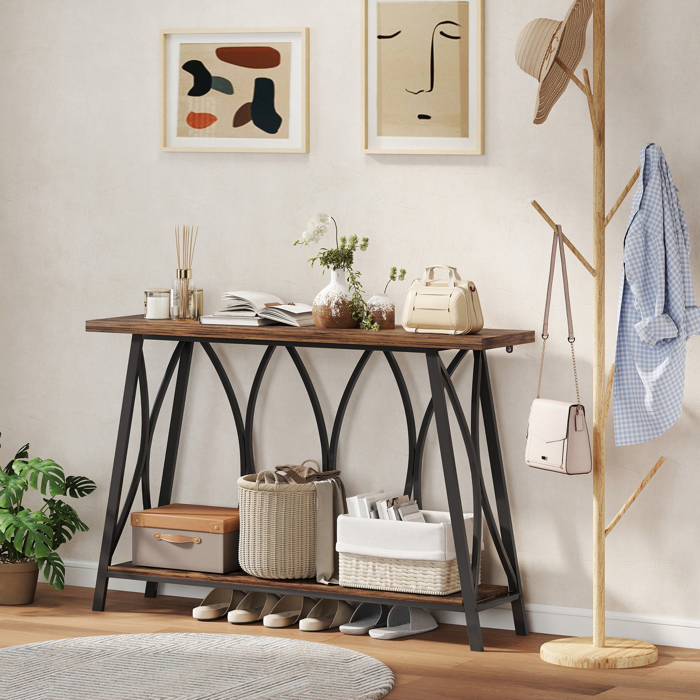 HOMCOM Narrow Console Table Industrial 2 Tier Sofa Table With Metal Frame Entryway Living Room 120x30x80 cm Rustic Brown