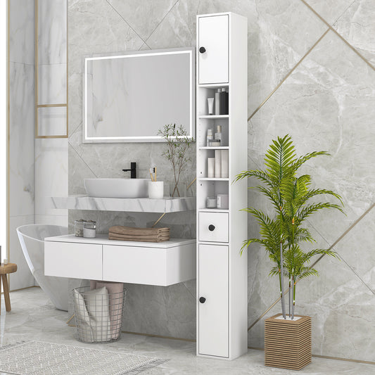 Kleankin 180cm Tall Slim Bathroom Cabinet Narrow Toilet Roll Storage Open Shelves 2 Door Cabinets Adjustable Shelves Kitchen White - ALL4U RETAILER LTD