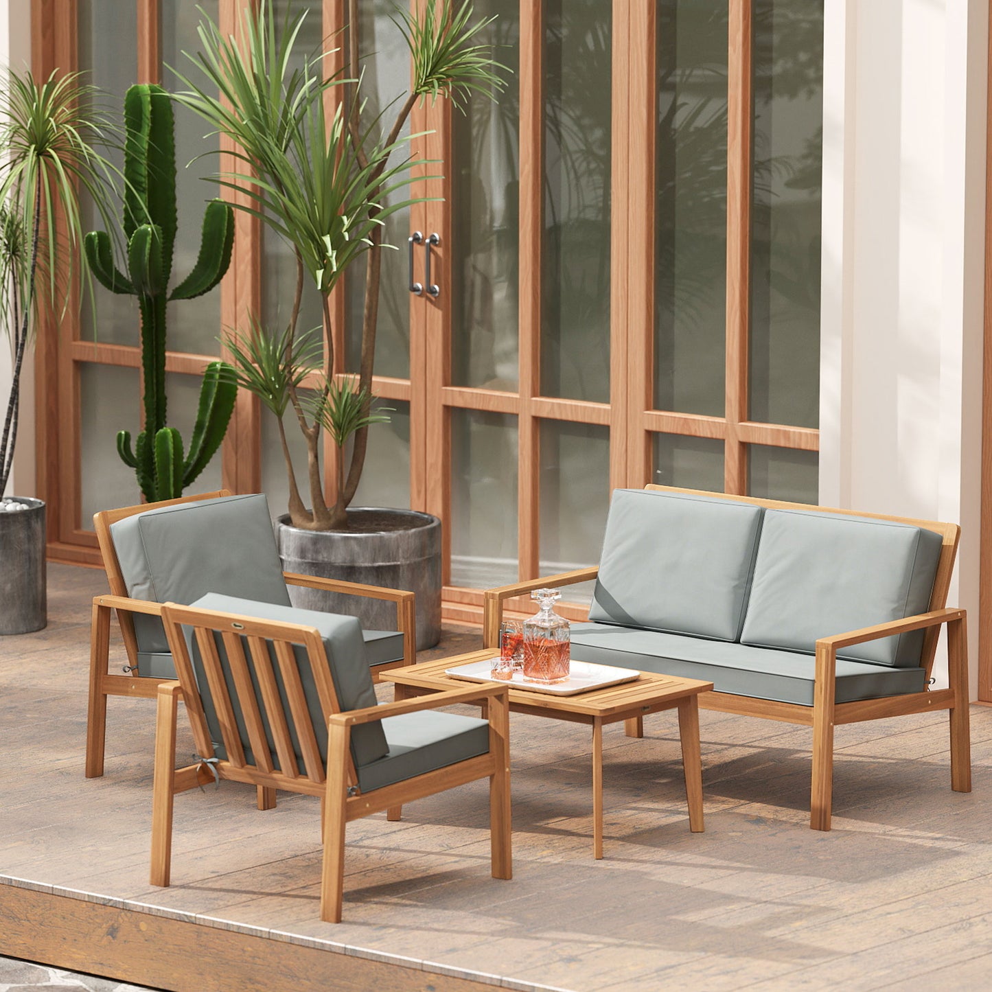 Outsunny 4 Piece Wooden Garden Furniture Set With Cushions Acacia Wood Patio Table And Loveseat Armchairs