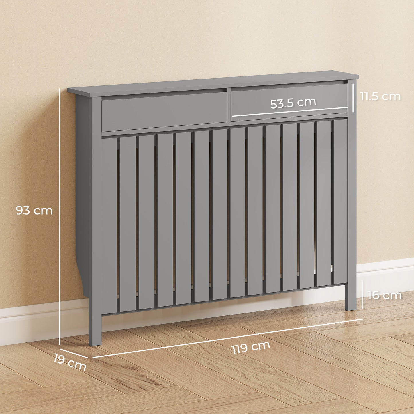 HOMCOM 93 x 119 Cm Modern Slim Radiator Cover Grey With Vertical Slats MDF Panel For Safe Heat Flow