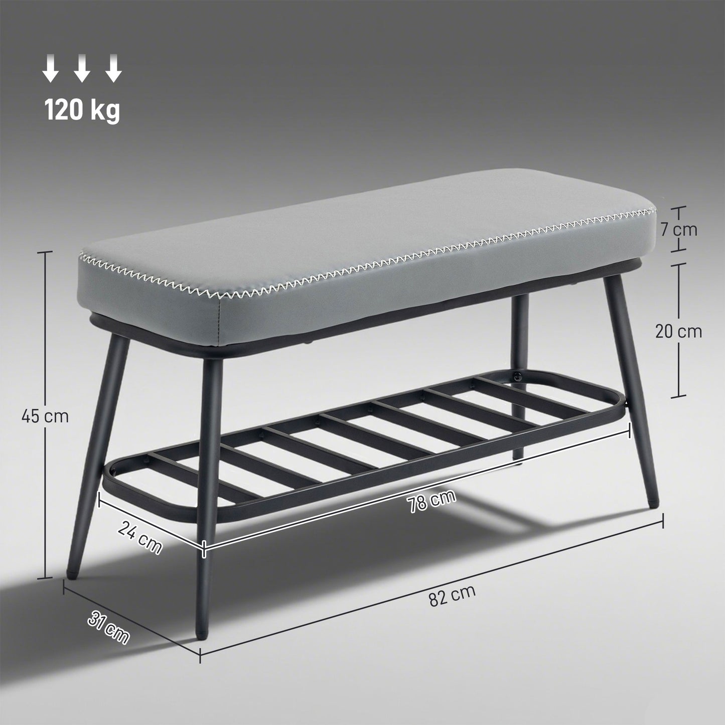 HOMCOM PU Leather Shoe Storage Bench With 7cm Cushioned Seat In Grey Holds Up To 120 Kg
