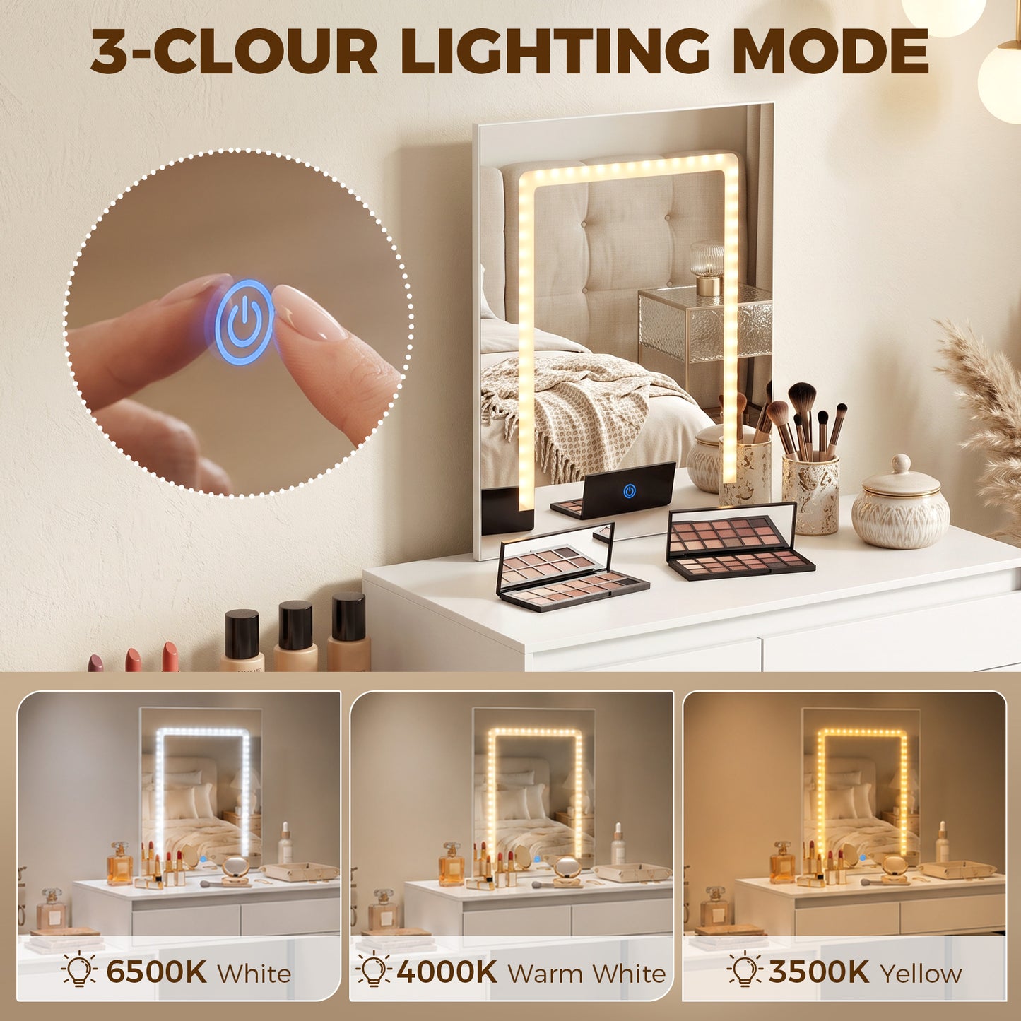 HOMCOM White Vanity Makeup Desk With Three Colour LED Mirror And Five Drawers