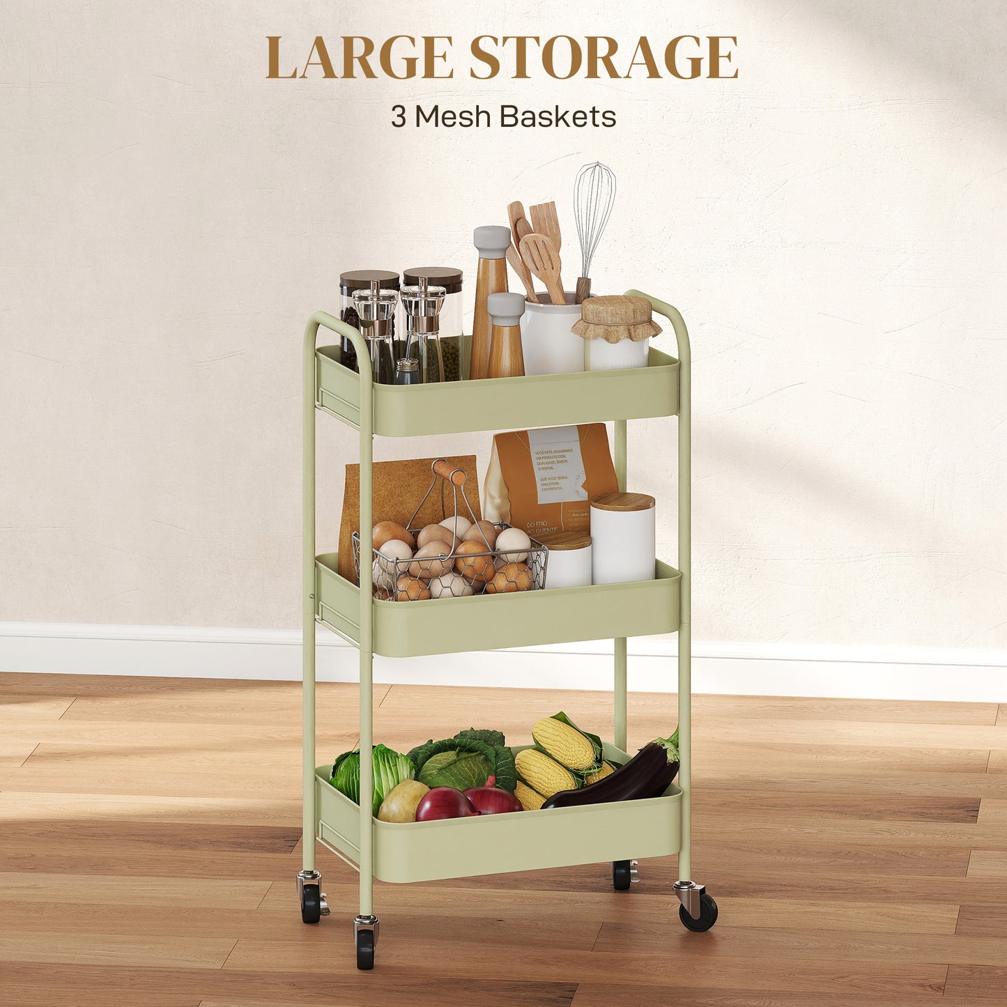 HOMCOM Three Tier Steel Storage Trolley Green Rolling Cart with Small Medium Large Baskets for Home Organization