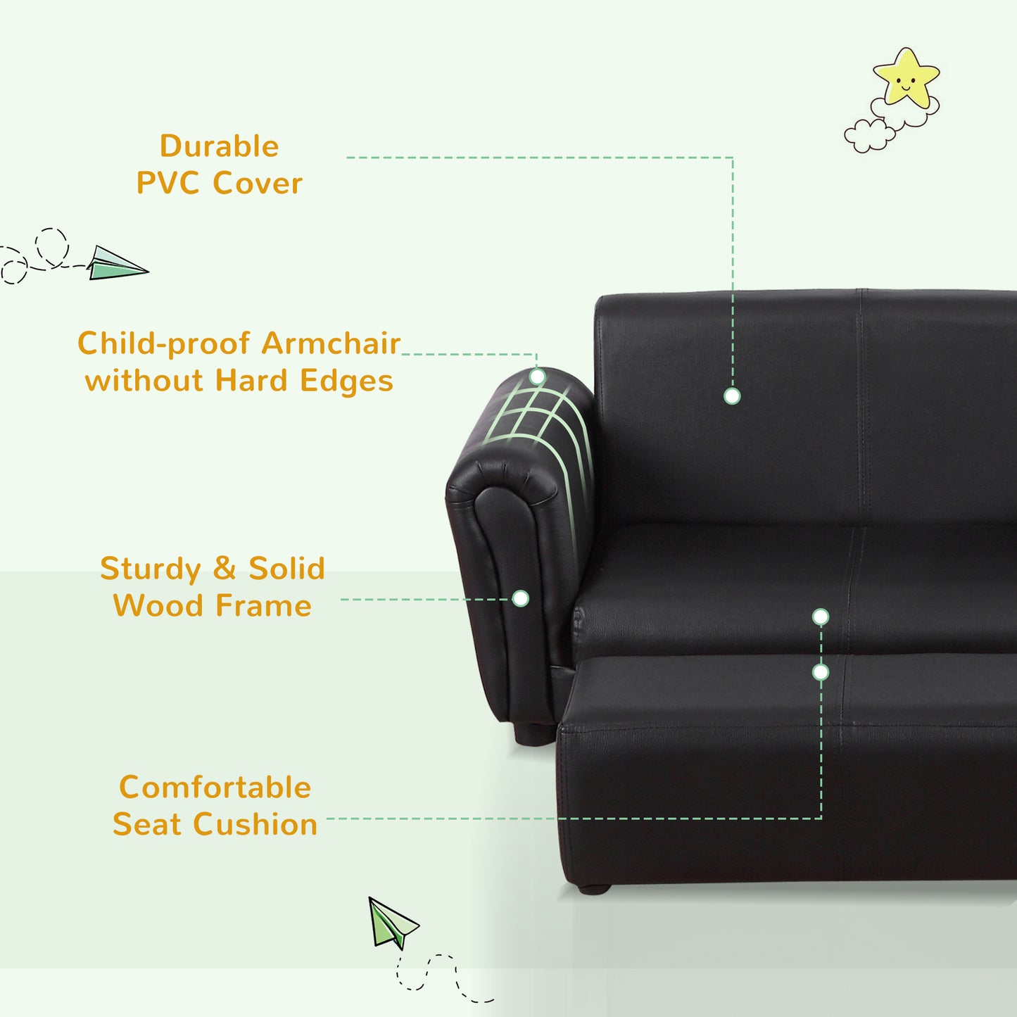 HOMCOM 2 Seater Toddler Chair Kids Twin Sofa Childrens Double Seat Chair Furniture Armchair Boys Girls Couch Footstool Black - ALL4U RETAILER LTD