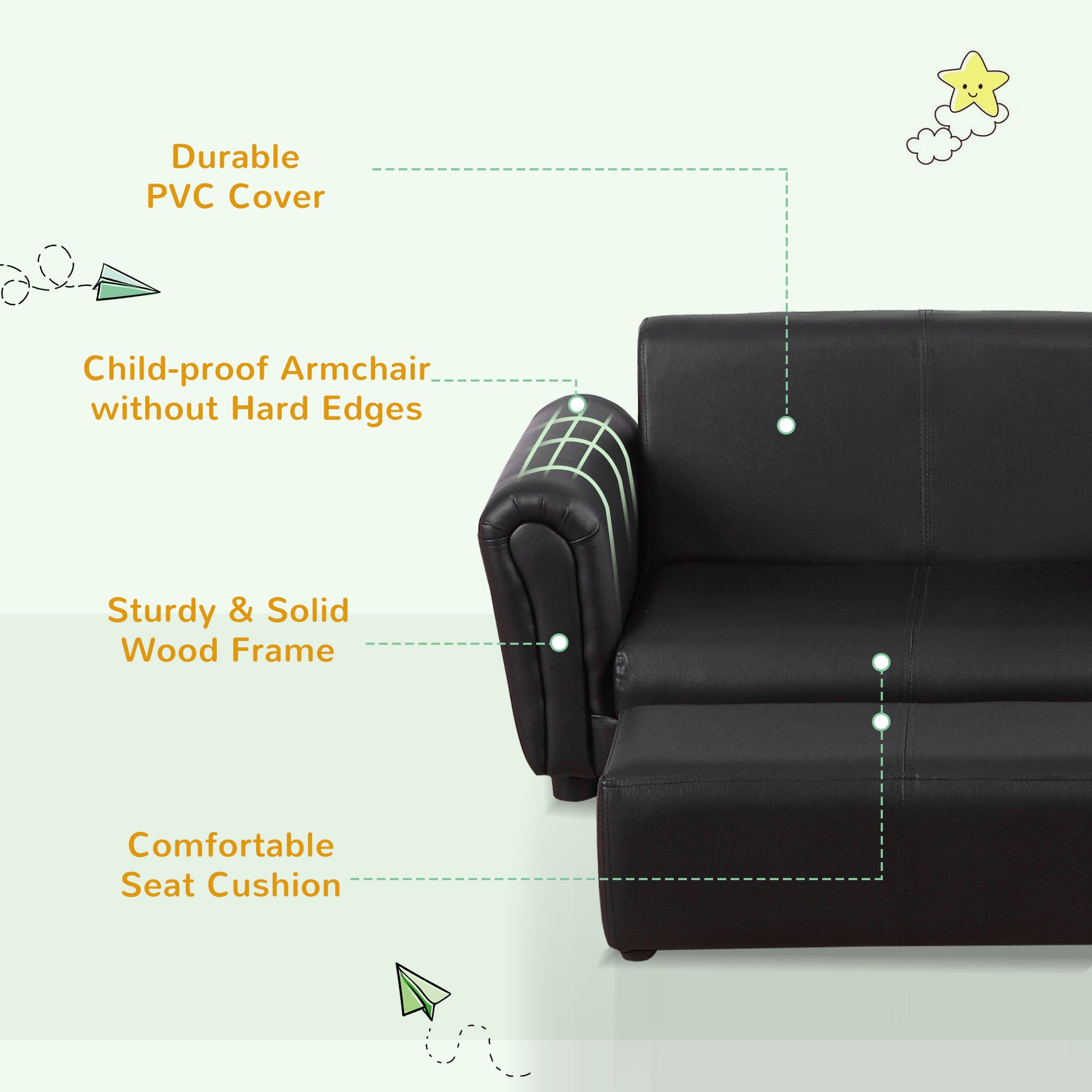 HOMCOM 2 Seater Toddler Chair Kids Twin Sofa Childrens Double Seat Chair Furniture Armchair Boys Girls Couch Footstool Black - ALL4U RETAILER LTD