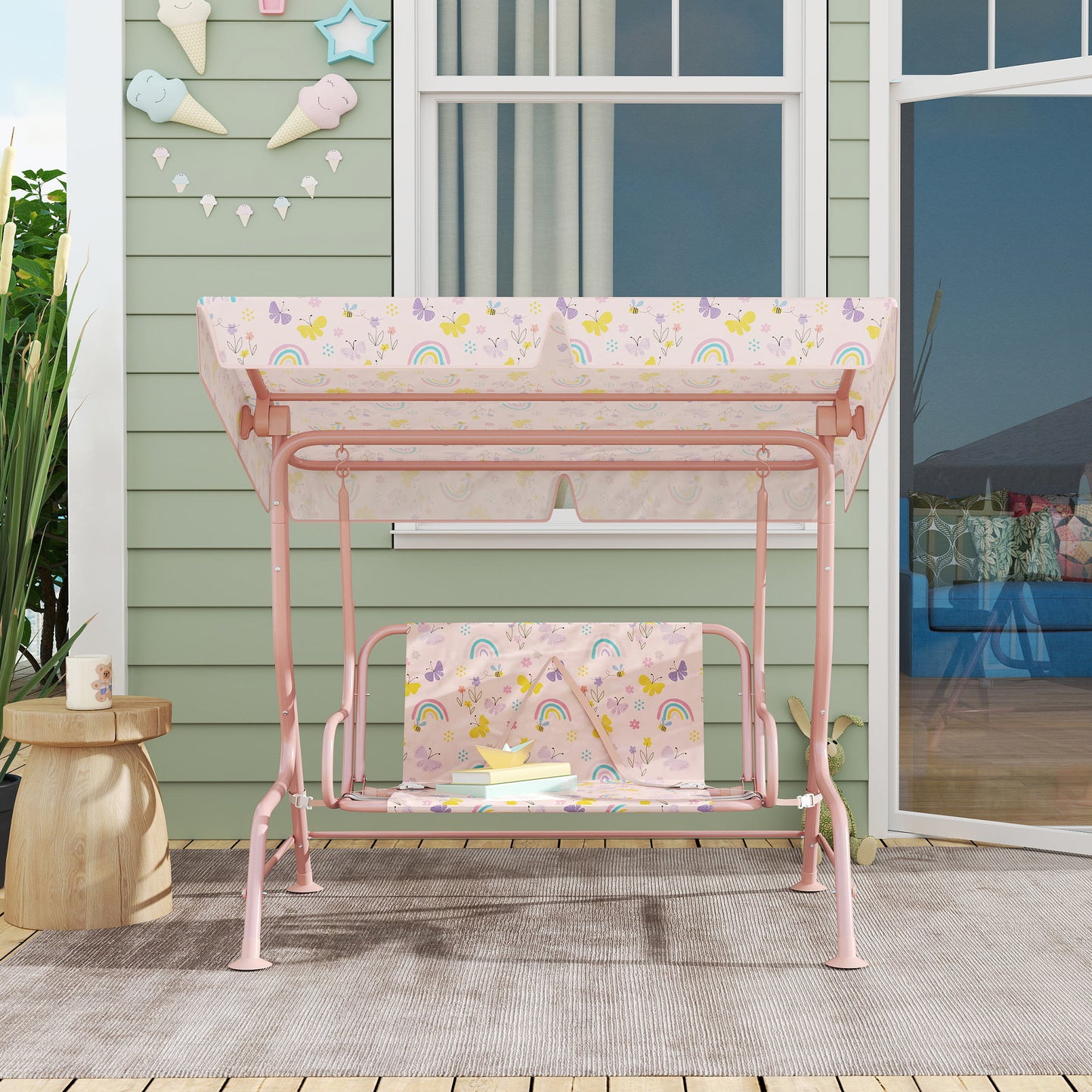 AIYAPLAY Kids Garden Swing Chair With Adjustable Canopy Safety Belt 2 Seater Hammock Swing Bench For Patio Porch Pink