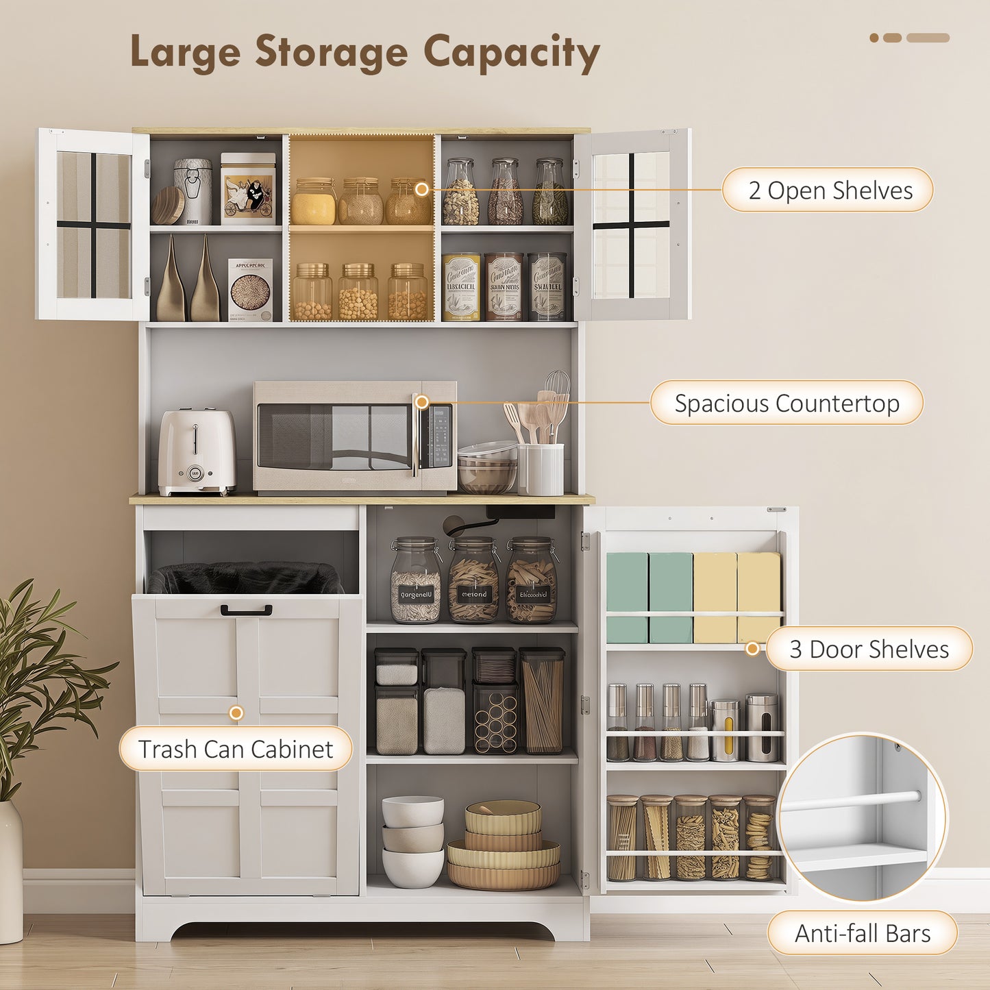 HOMCOM 175cm Tall Kitchen Cabinet With Rubbish Bin Cabinet 3 Door Shelves And 2 Acrylic Doors White