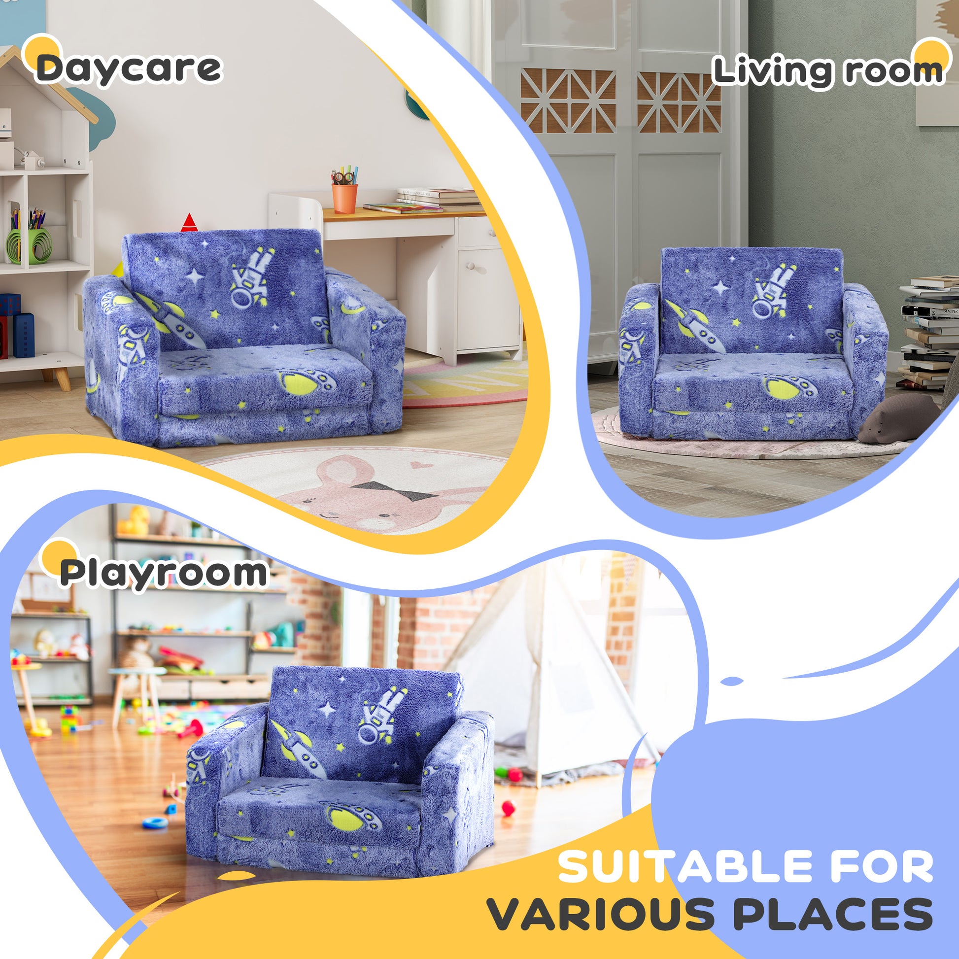 AIYAPLAY Glow-in-the-Dark Cosmic Children's Sofa Bed - 2-in-1 Foldable Chair and Bed for Kids, Washable Cushion, Blue - ALL4U RETAILER LTD