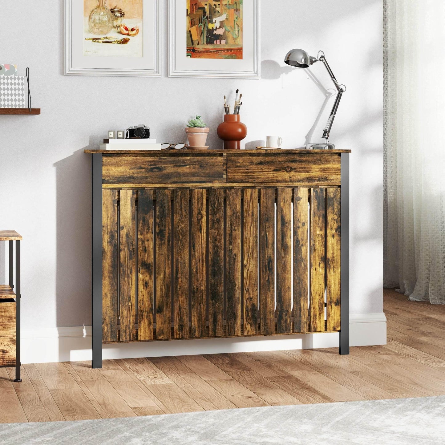 HOMCOM Industrial-Style Wooden Radiator Cover with Storage Drawers - Brown/Black - ALL4U RETAILER LTD