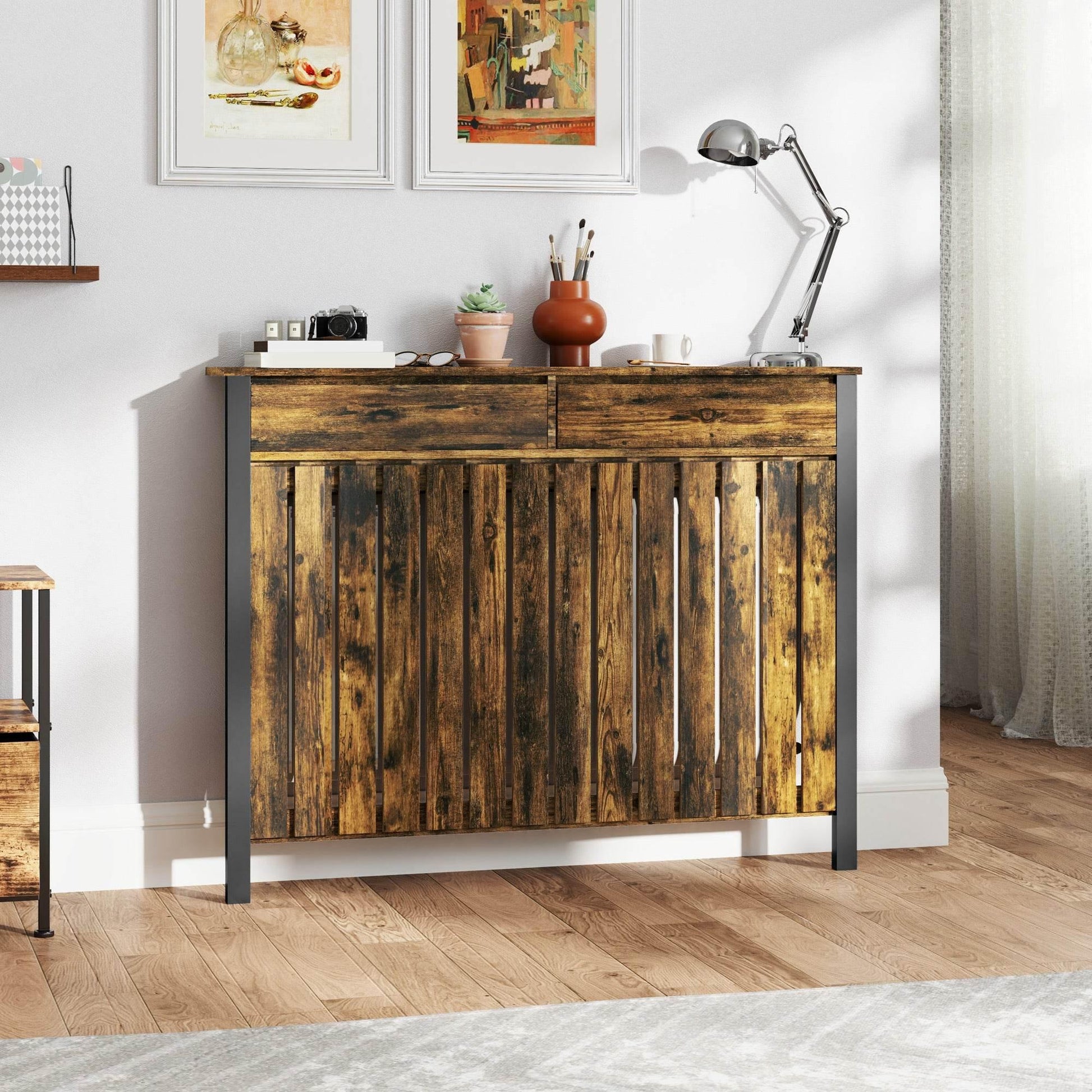 HOMCOM Industrial-Style Wooden Radiator Cover with Storage Drawers - Brown/Black - ALL4U RETAILER LTD