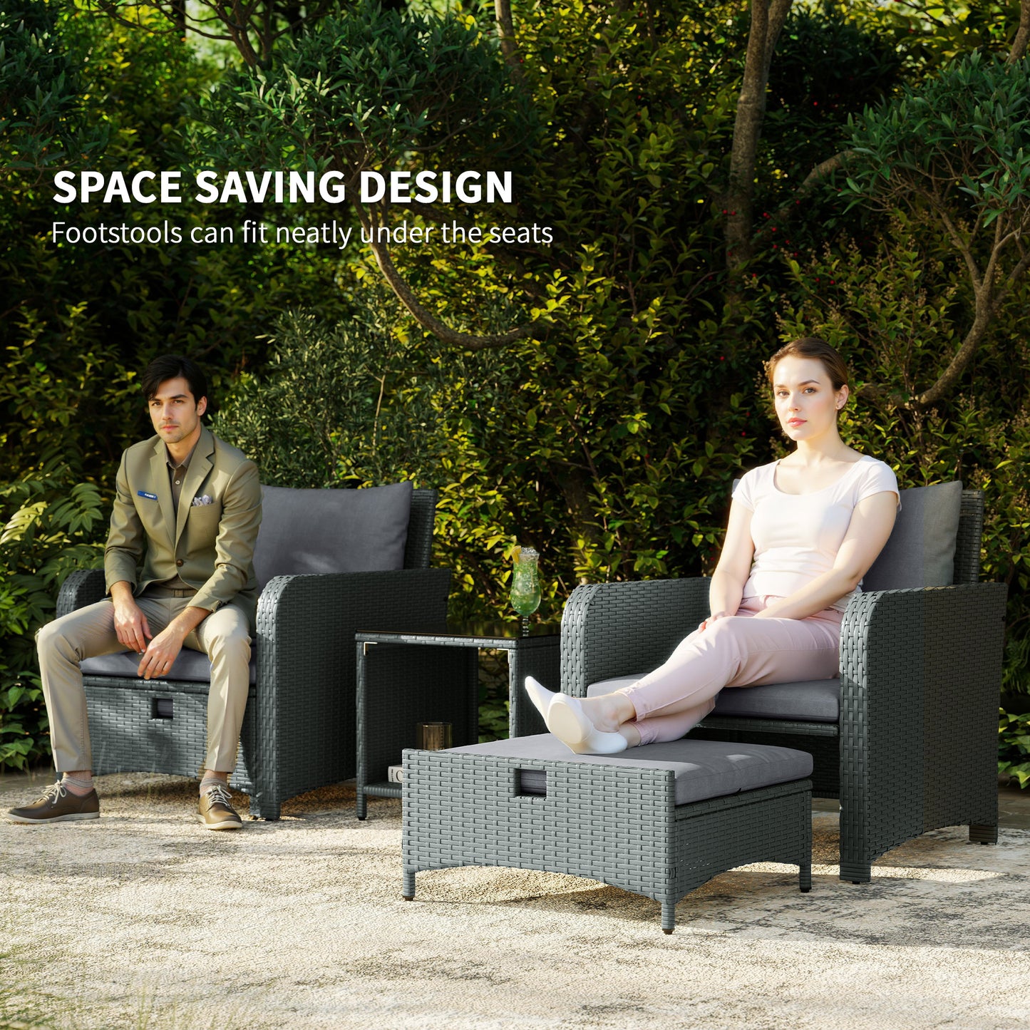 Outsunny Five Piece Rattan Outdoor Garden Furniture Set With Two Tier Coffee Table And Ottomans Grey
