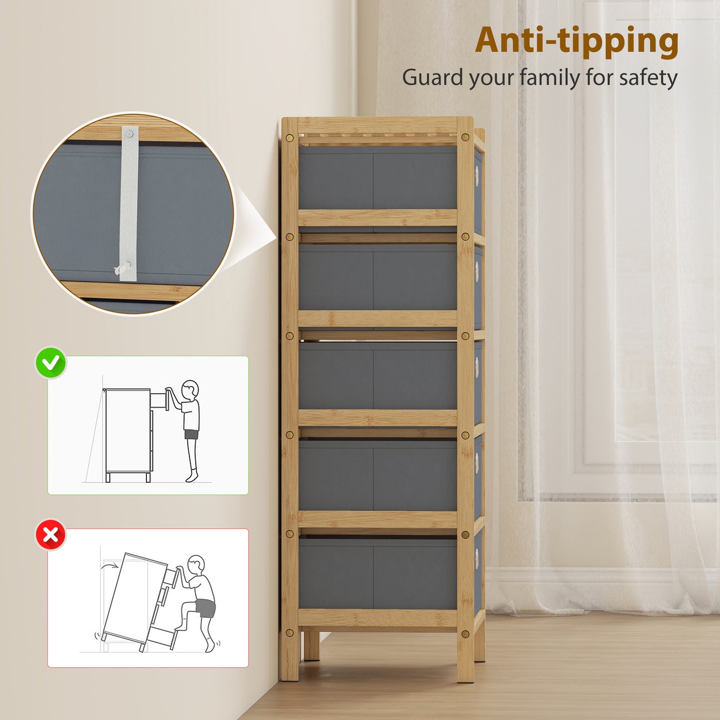 HOMCOM Narrow Chest Of Drawers Dresser With Five Fabric Drawers And Bamboo Frame In Light Grey