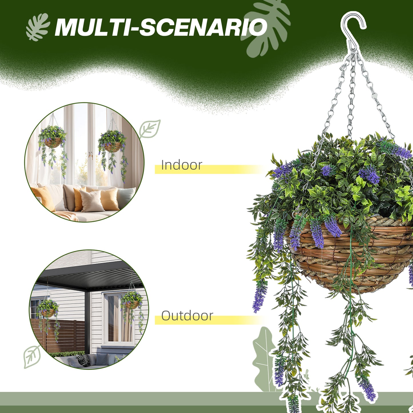 HOMCOM Set of 2 Decorative Artificial Lavender Plants in Hanging Baskets for Indoor and Outdoor Decor Purple