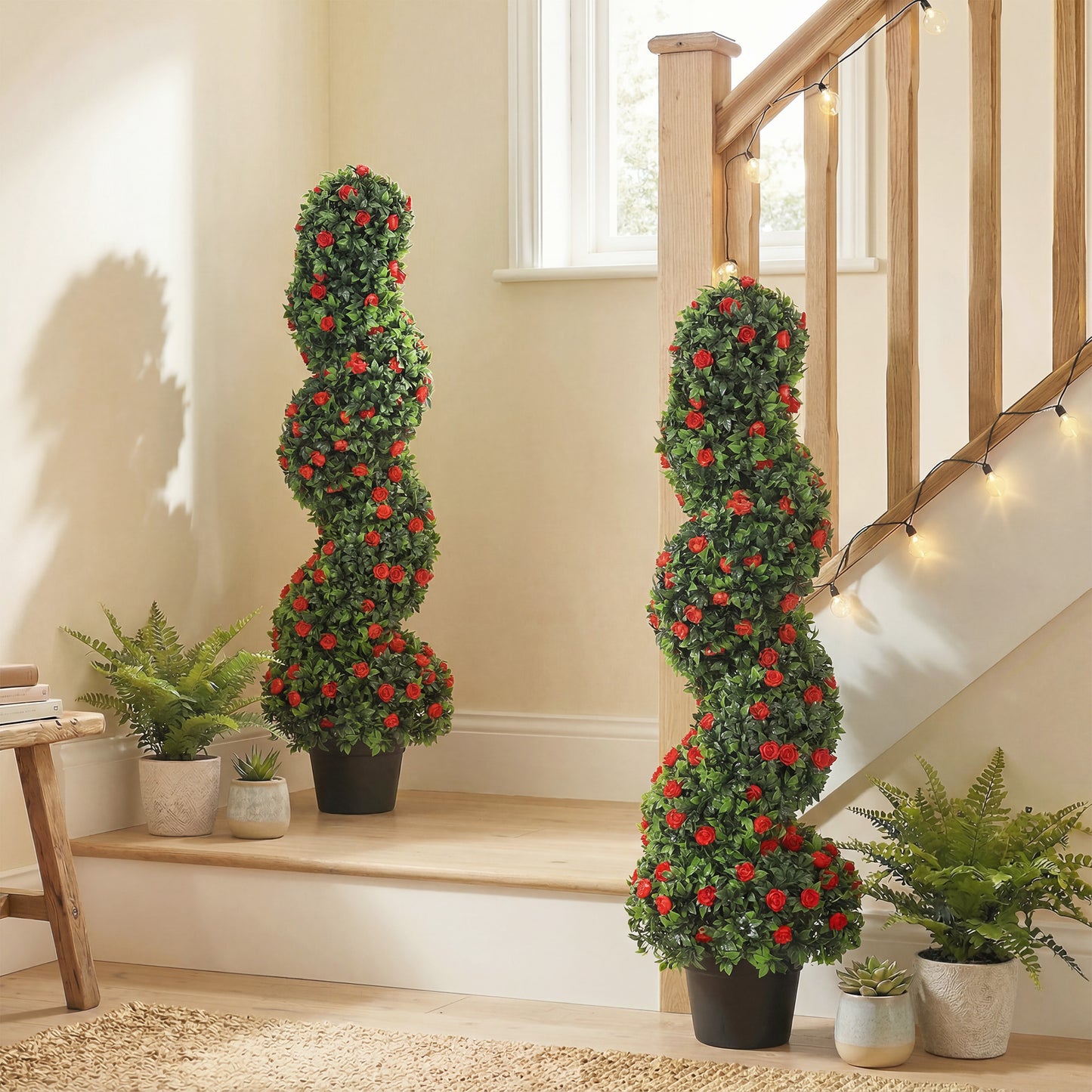 HOMCOM Artificial Rose Spiral Topiary Tree Set Of 2 For Indoor Outdoor Use 90cm With 630 Leaves