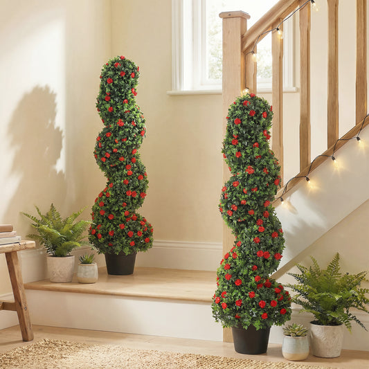 HOMCOM Artificial Rose Spiral Topiary Tree Set Of 2 For Indoor Outdoor Use 90cm With 630 Leaves