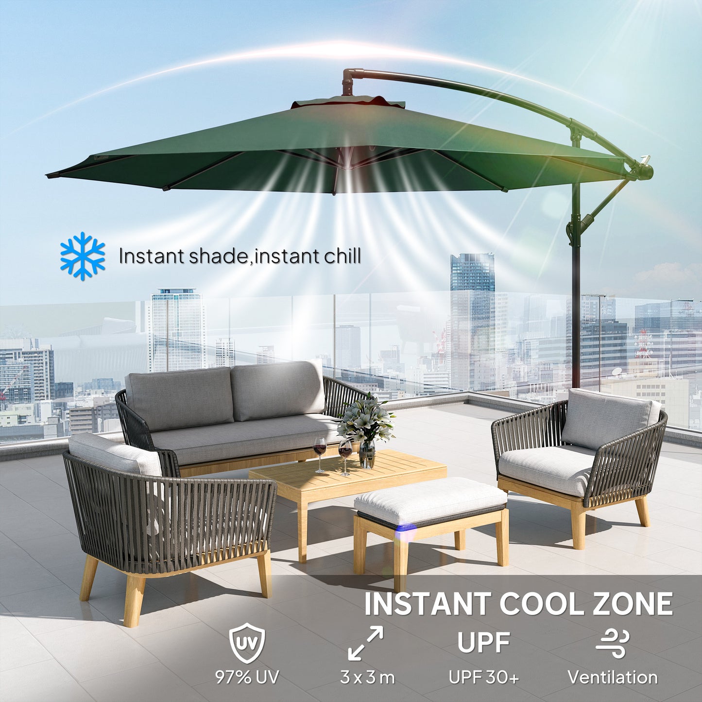 Outsunny 3 M Overhanging Cantilever Parasol With Cross Base Dark Green UV Resistant Outdoor Garden Shade