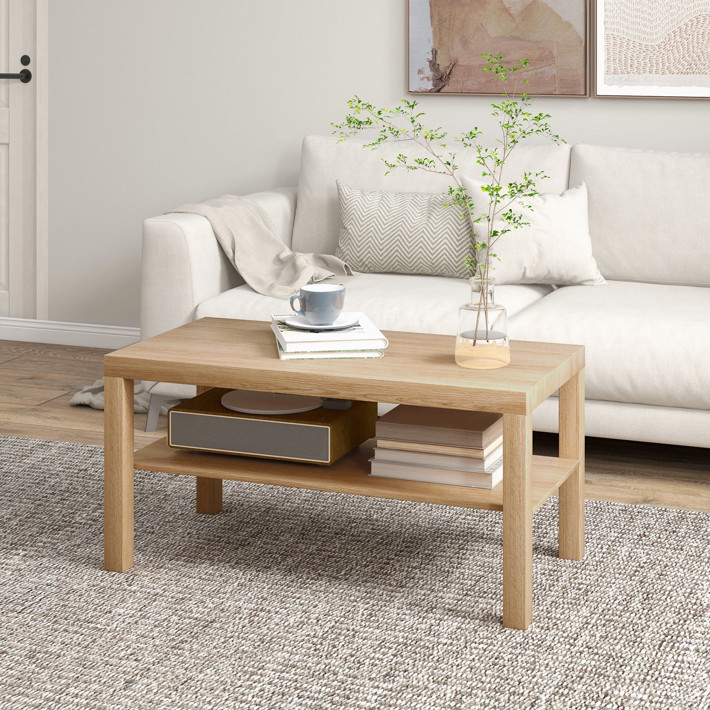 HOMCOM 2 Tier Coffee Table With Storage Shelf Rectangular Table For Living Room And Home Office Natural Wood Finish
